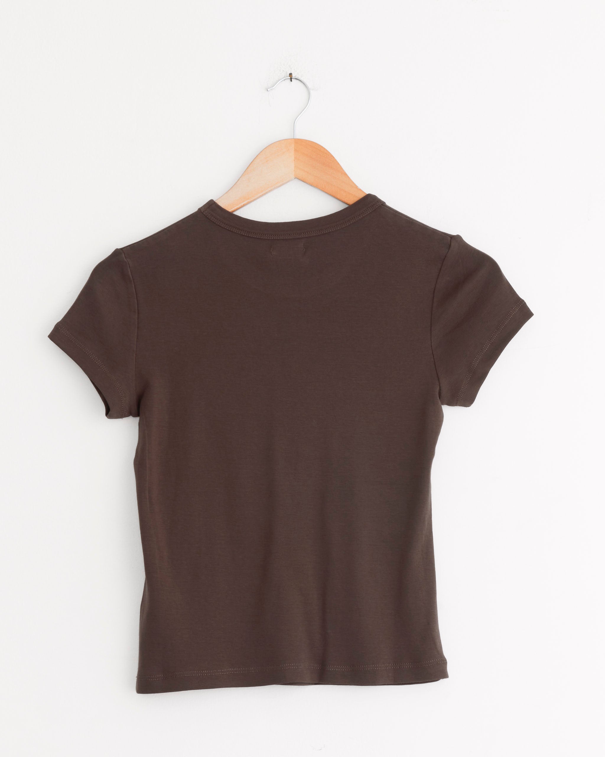 The ST. AGNI Baby Tee in Fudge, a plain dark brown cropped crewneck, is shown from the back on a wooden hanger against a white background.