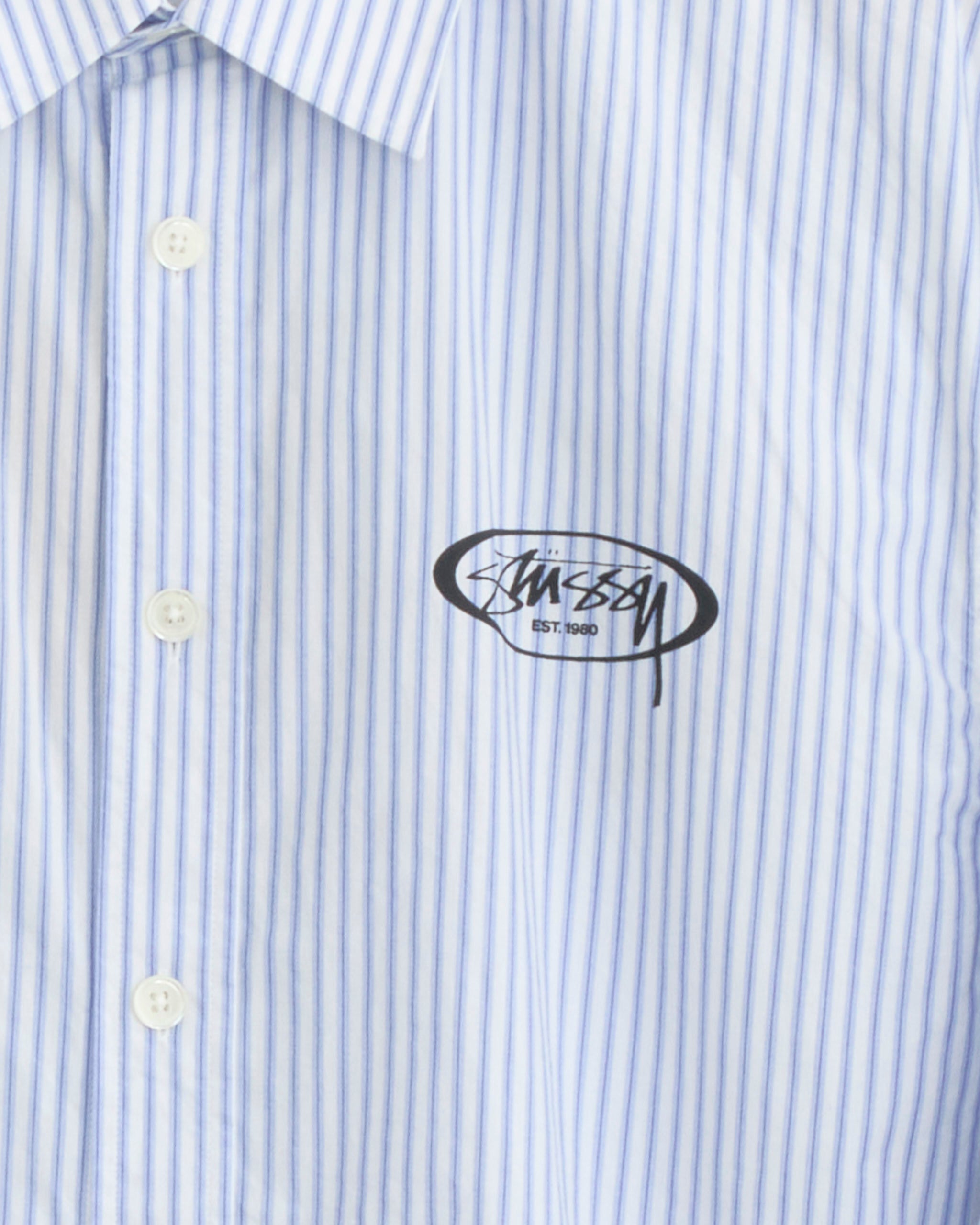 STUSSY STANDARD SHIRT ストライプ シャツ　長袖　短丈　青 Standard Logo Shirt in Blue Stripe