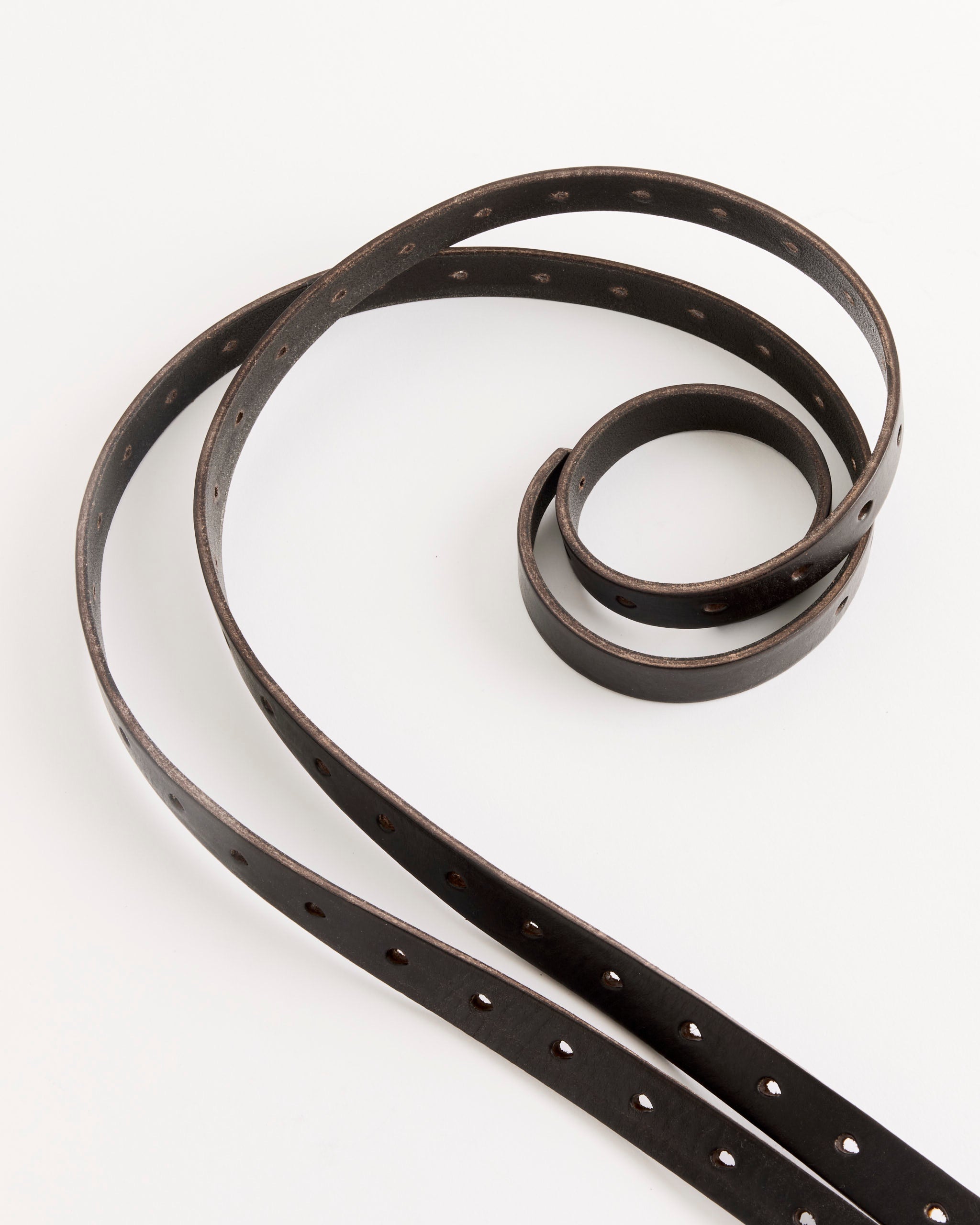 The Our Legacy Split Belt in Oily Brown, made from dark Italian cow leather with evenly spaced holes, is laid out on a white surface and coiled in a loose spiral at one end.