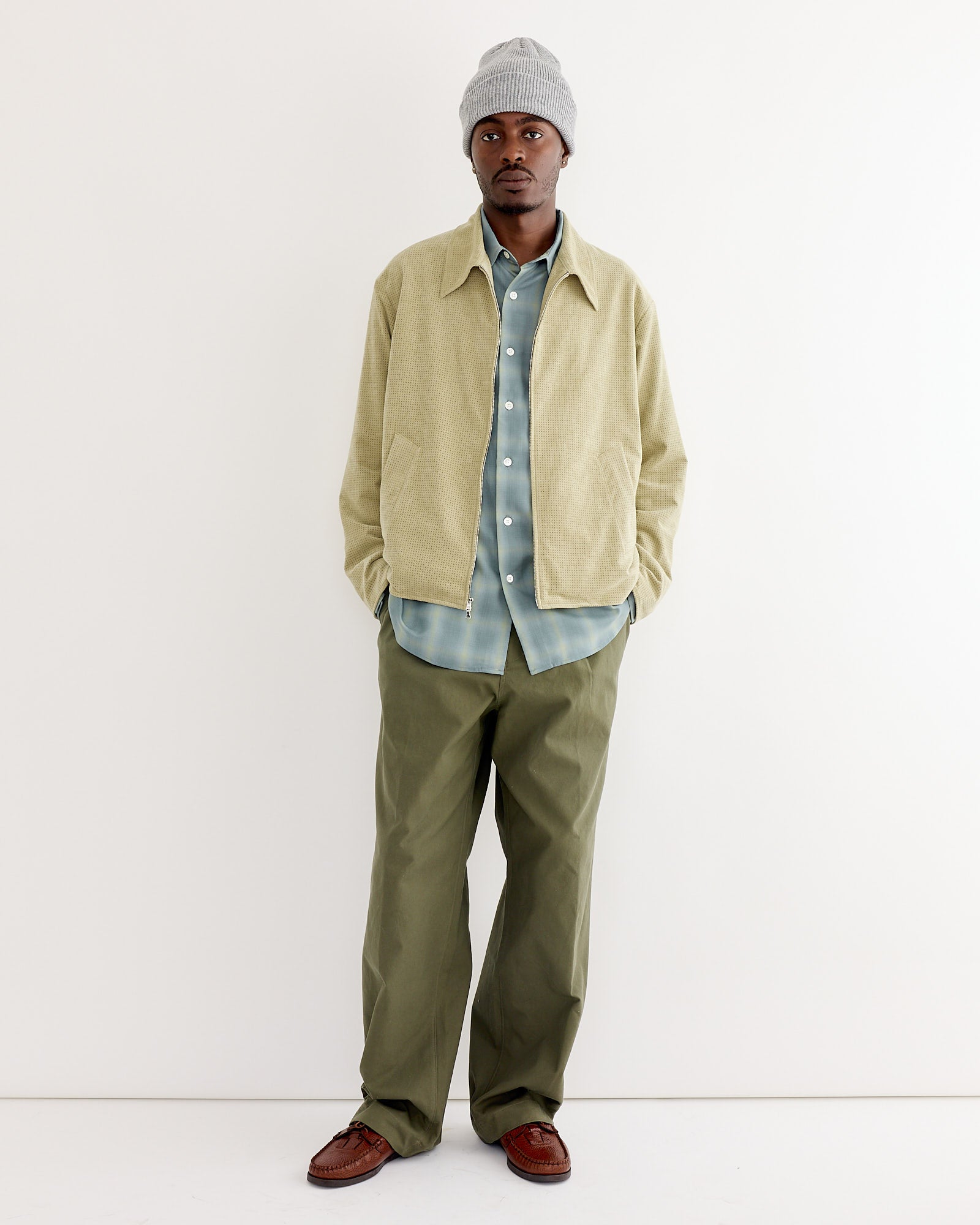 Zip Jacket in Perforated Suede Sand