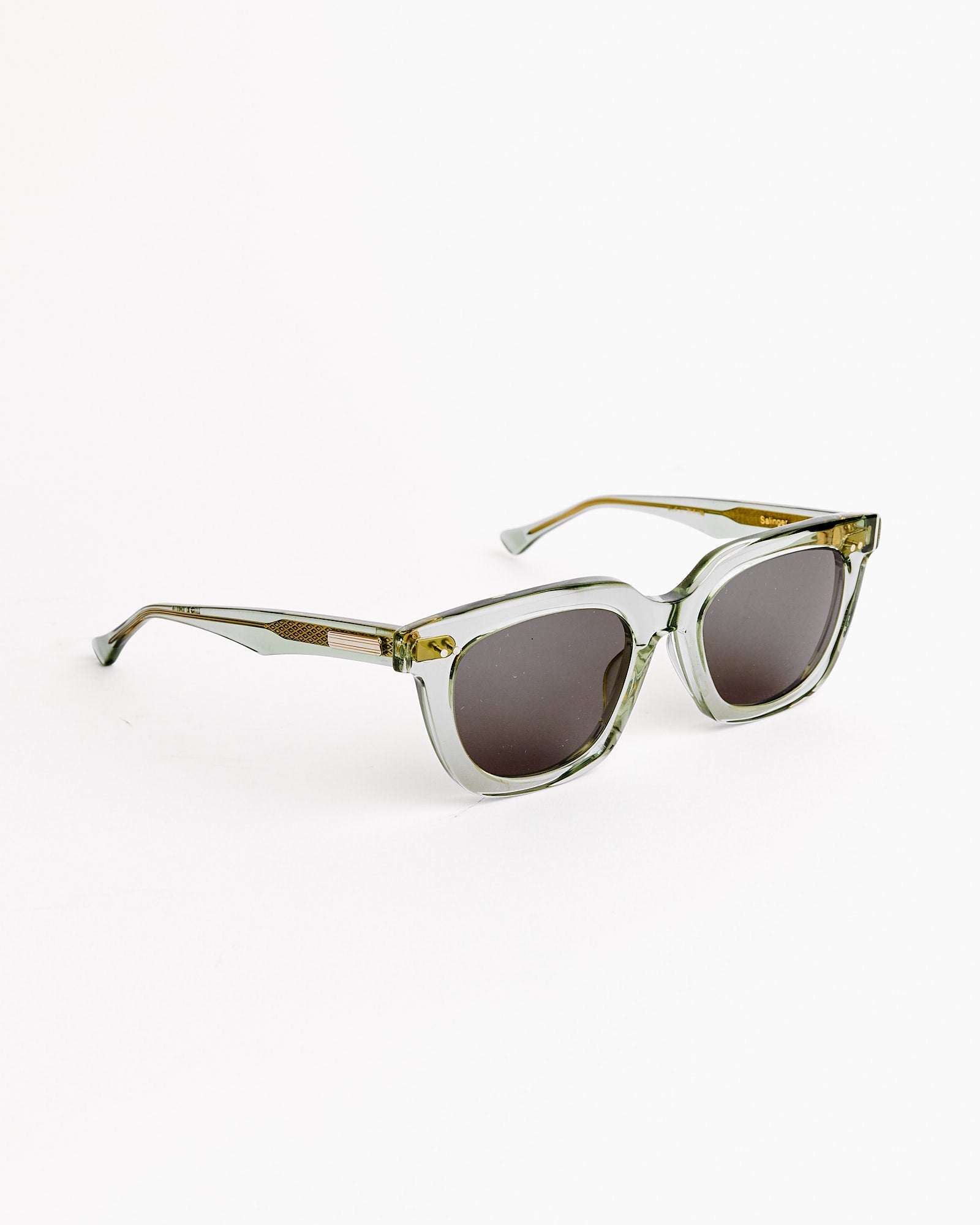 Native Sons Salinger 2 Sunglasses in Bottle Green/Sun Gold/GR-56 Grey feature square frames, grey tinted lenses, and gold accents on the temples, shown on a white background.