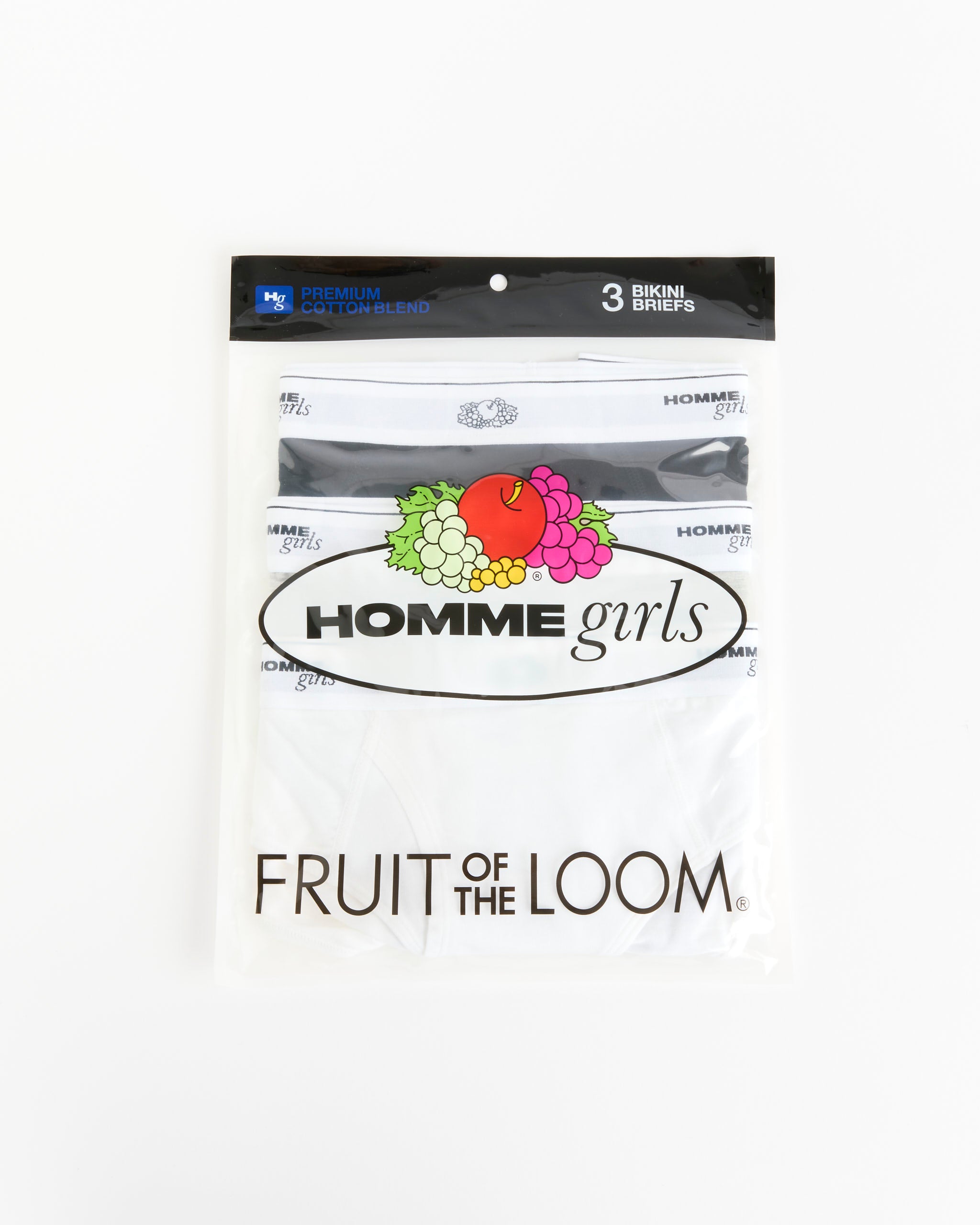 A 3-pack of Hommegirls Bikini Briefs in Black, Heather Grey, and White, with visible branding in a clear bag. Review sizing info to find your best fit before buying.