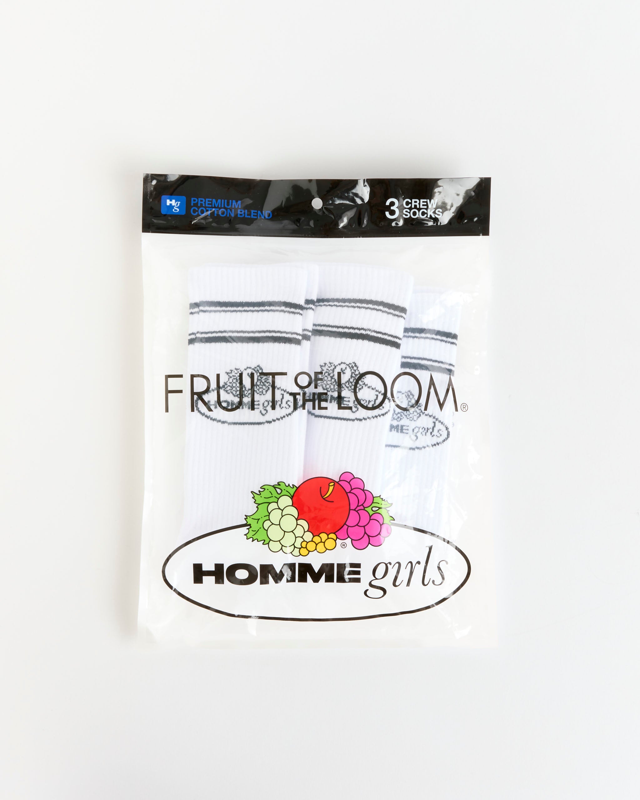 A 3-pack of white Hommegirls Crew Socks with gray stripes is shown against a plain white background. For fit or sizing questions, our online chat support is available to help.