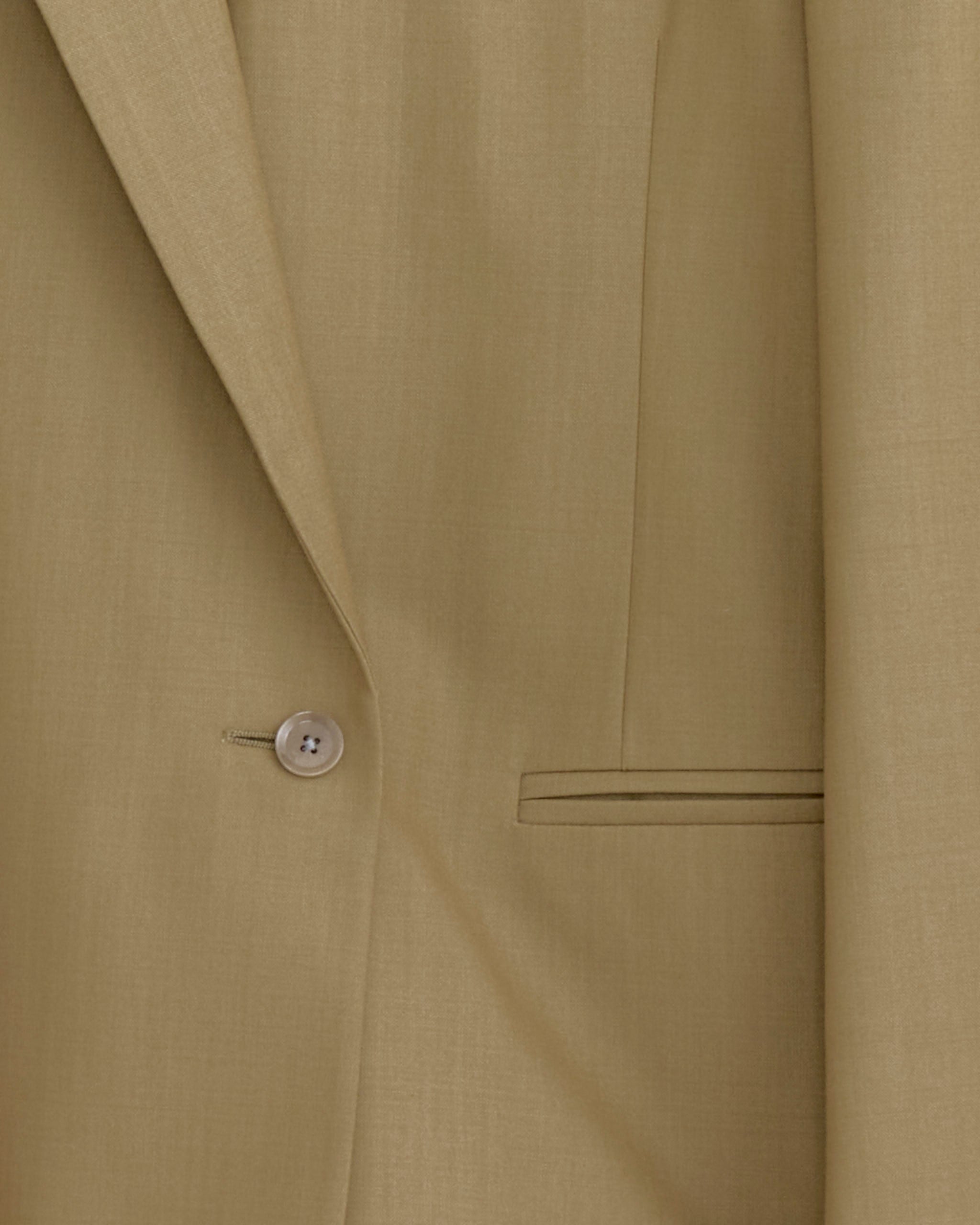 Close-up of the Lemaire Double Breasted Tailored Jacket in hay green, highlighting its single button, notch lapel, and a horizontal front pocket.