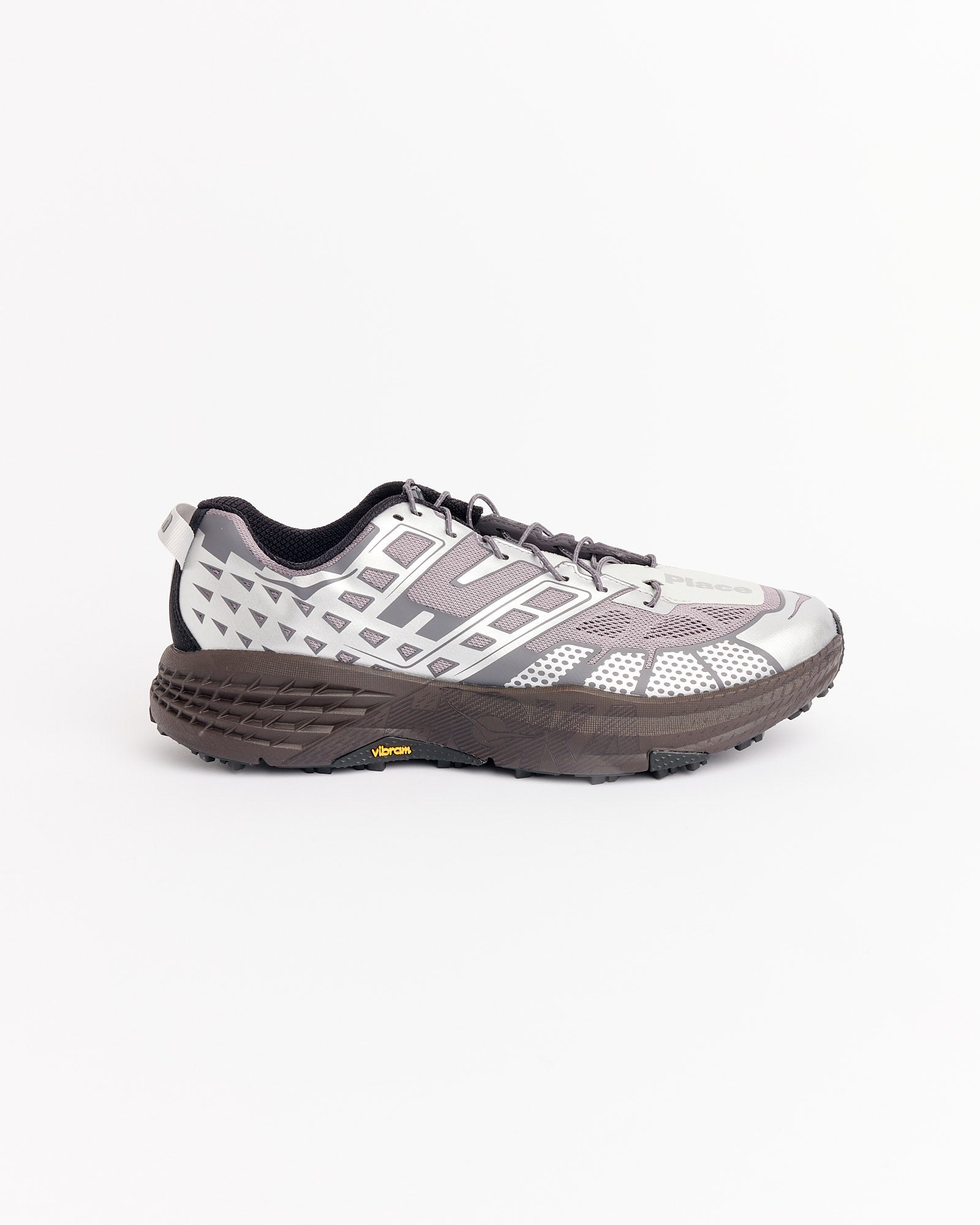 The Hoka SPEEDGOAT 2 UNNA in Astral/Galaxy features a thick, textured sole and geometric accents. Available at Mohawk General Store. For sizing, contact us via online chat. Displayed on a white background.
