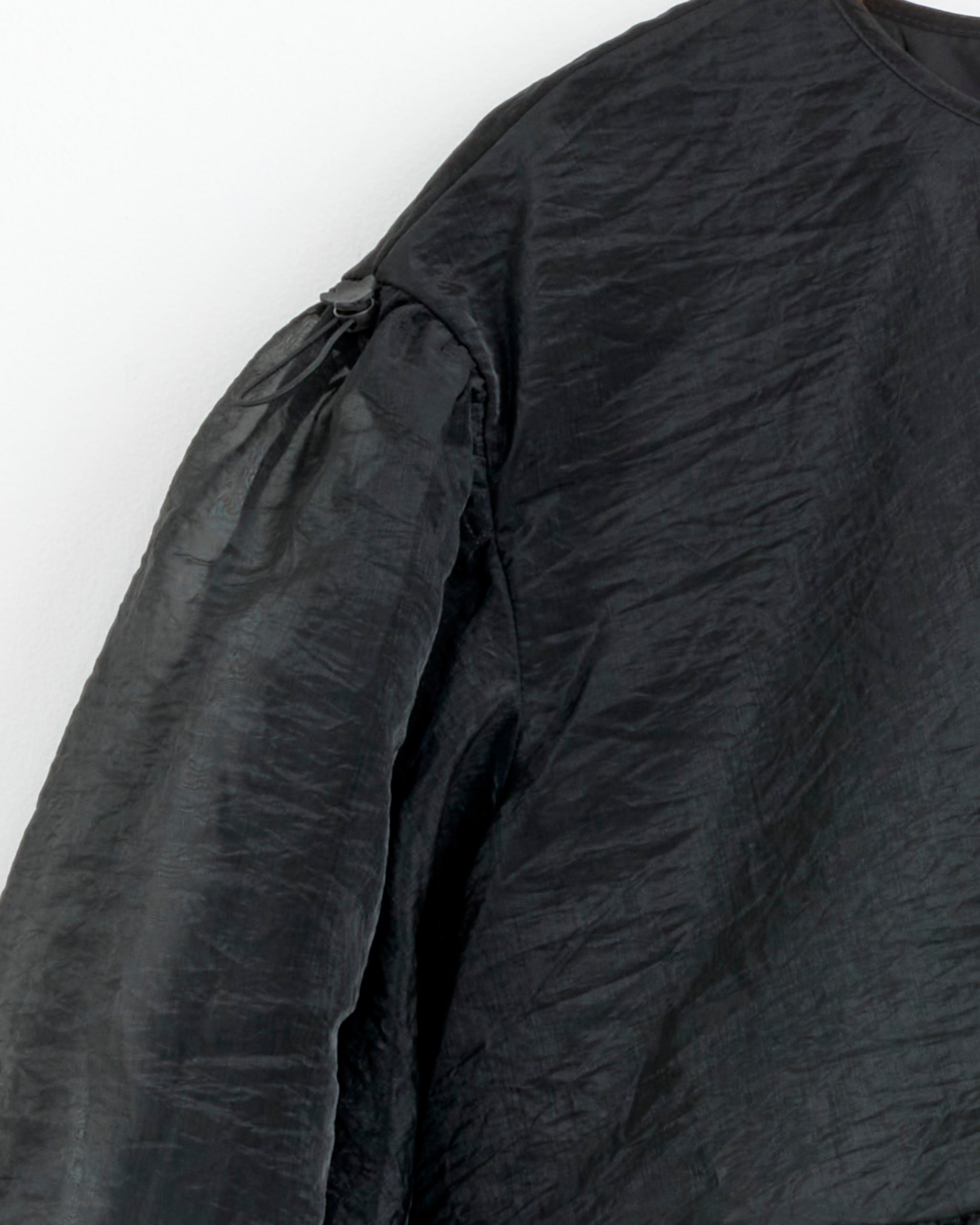 A close-up of the Cecilie Bahnsen Darcy Dress in Black Liquid Myrtia, made from subtly shiny, slightly crinkled polyester with a round neckline and loose, voluminous sleeves gathered at the shoulder and finished with a small black button.