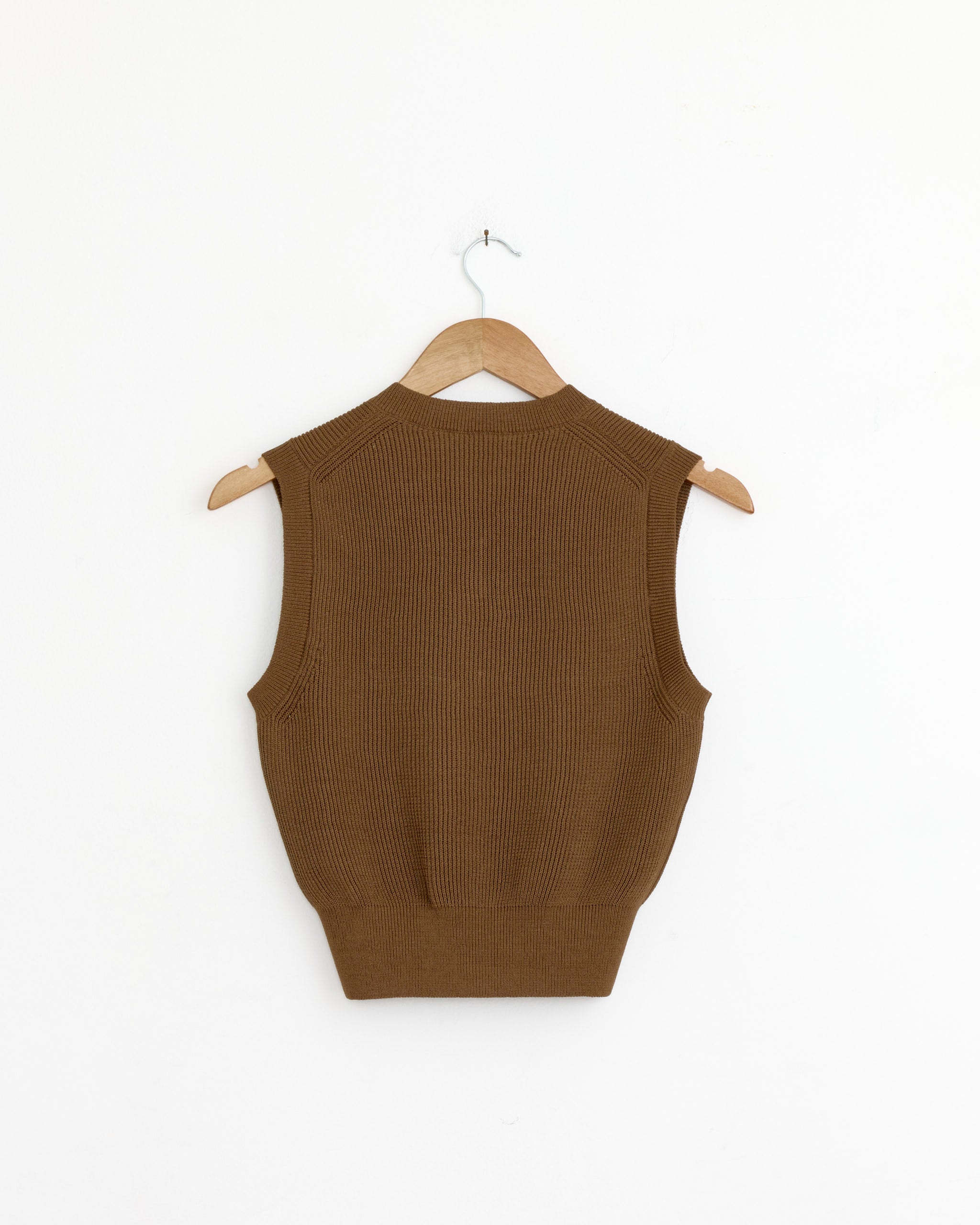 The Flat Yarn Rib Knit Vest in Light Brown by Auralee, crafted from Japanese cotton knit, is sleeveless and displayed on a wooden hanger against a plain white wall, shown from the back.