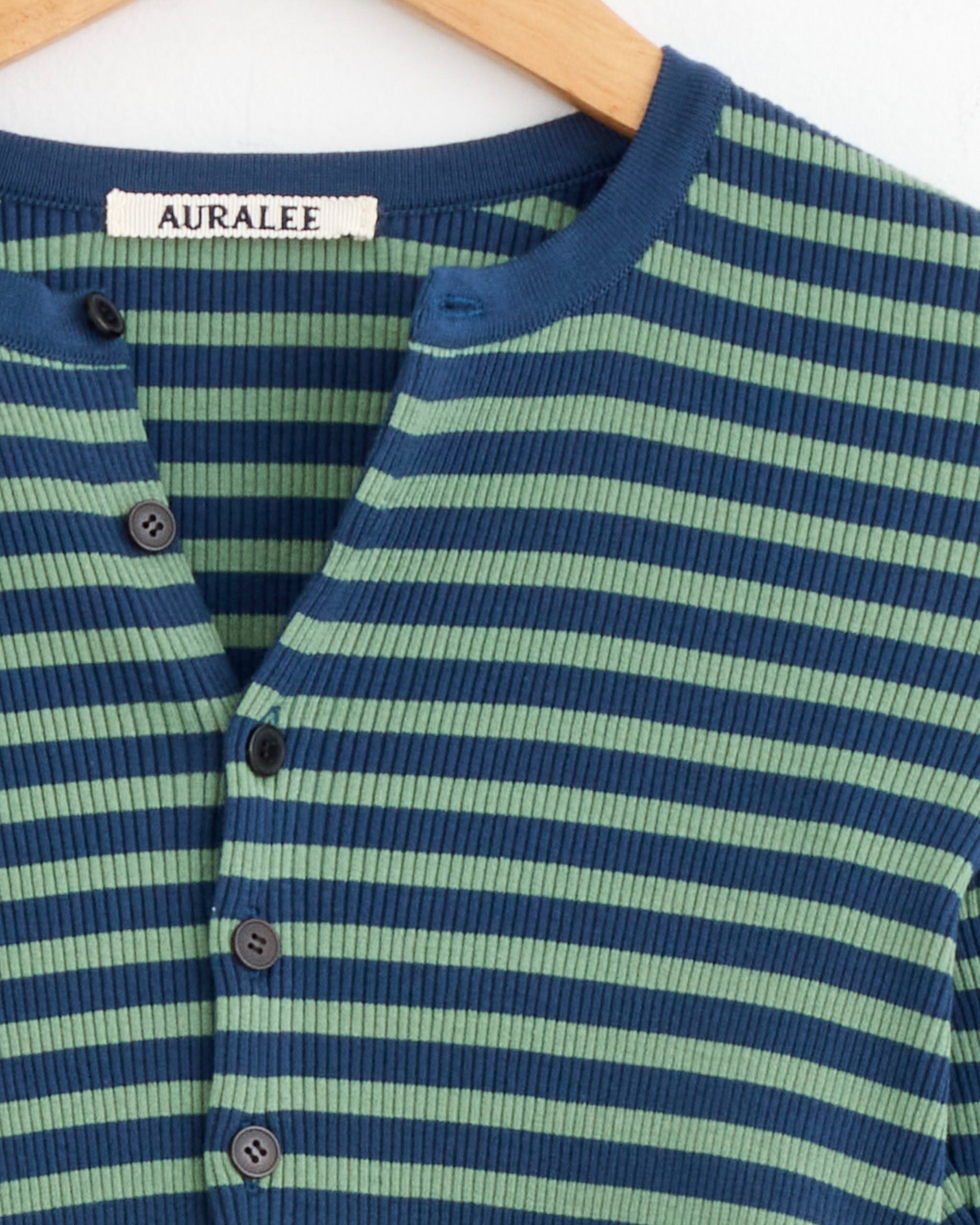 Cropped Crewneck Cardigan in Pale Green/Navy Stripe