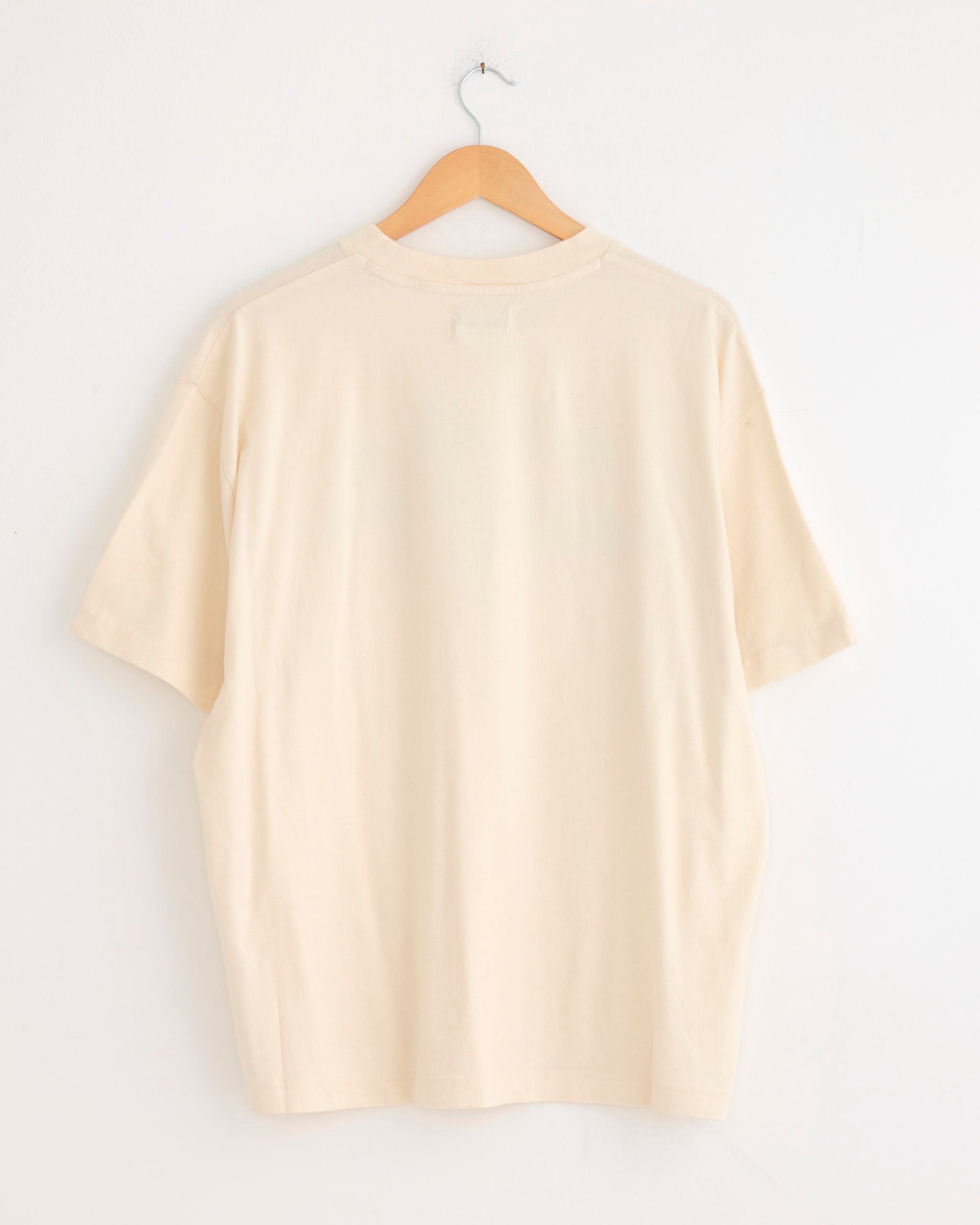 The Grateful Tee in Ecru Tree Hugger by Story mfg, a short-sleeved organic cotton top, hangs on a wooden hanger against a white wall, displayed from the back.