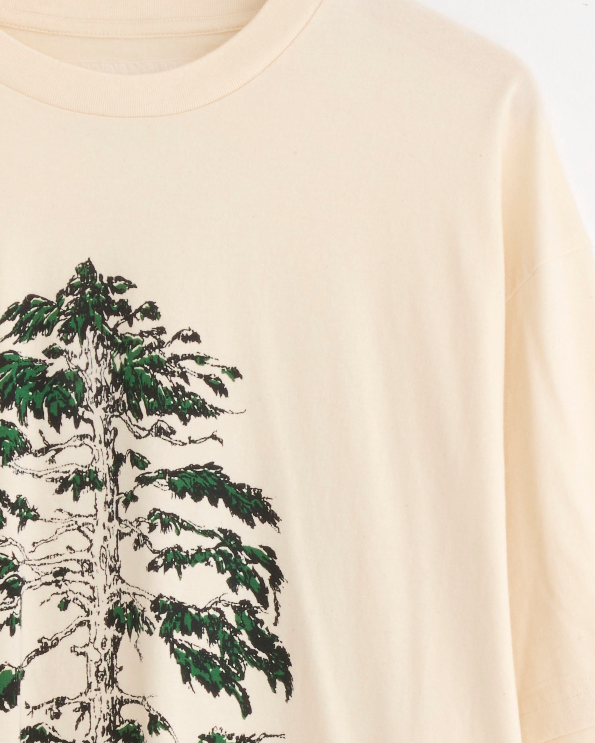 The Story mfg Grateful Tee in Young Trees is a beige organic cotton shirt with a vintage fit, featuring a partially visible green and black pine tree graphic on the front, shown against a plain background.