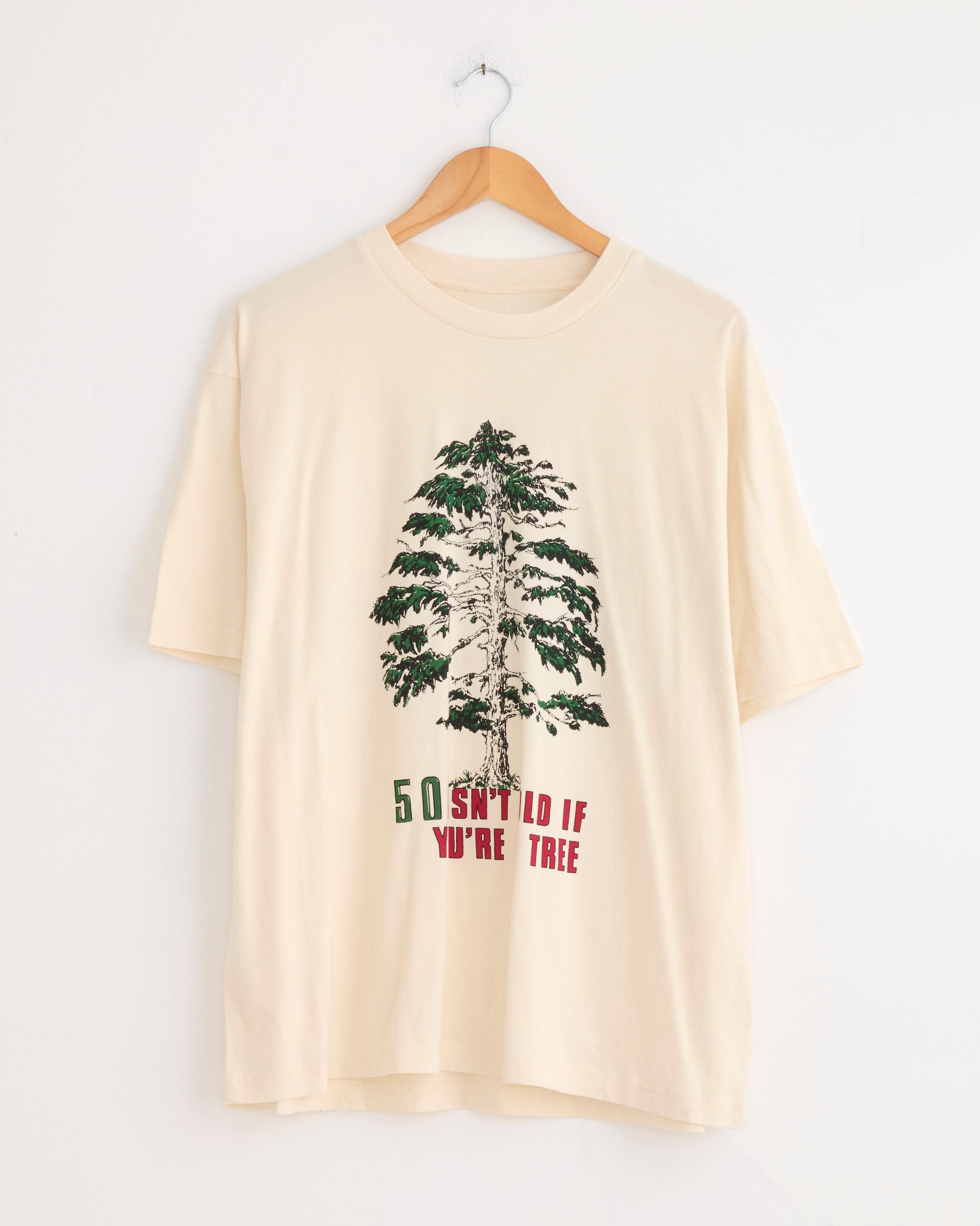 The Grateful Tee in Young Trees by Story mfg is a cream organic cotton t-shirt with a large tree graphic and “50 SHLLD IF YOURE TREE” text in green and red, offering a vintage-inspired fit.