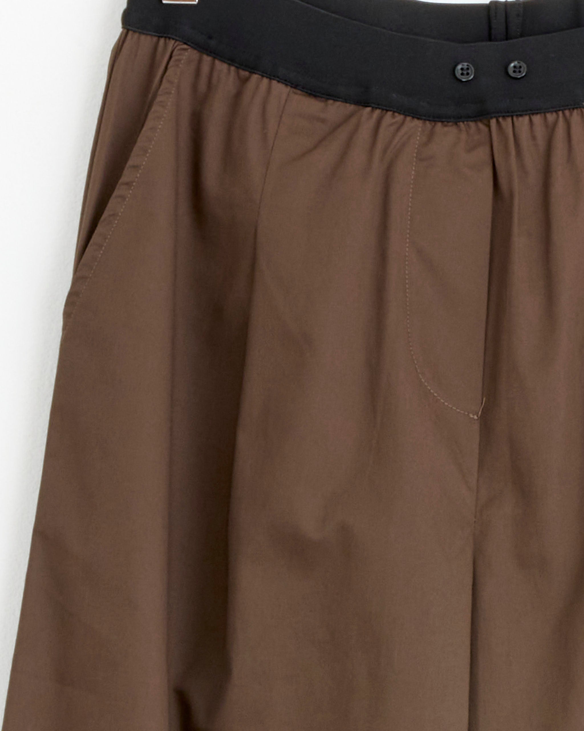 Close-up of Deiji Studios’ Contrast Waist Pant in Brown—features a black waistband, pleated front, side pocket, visible stitching, and relaxed straight-leg fit—shown hanging against a white background.