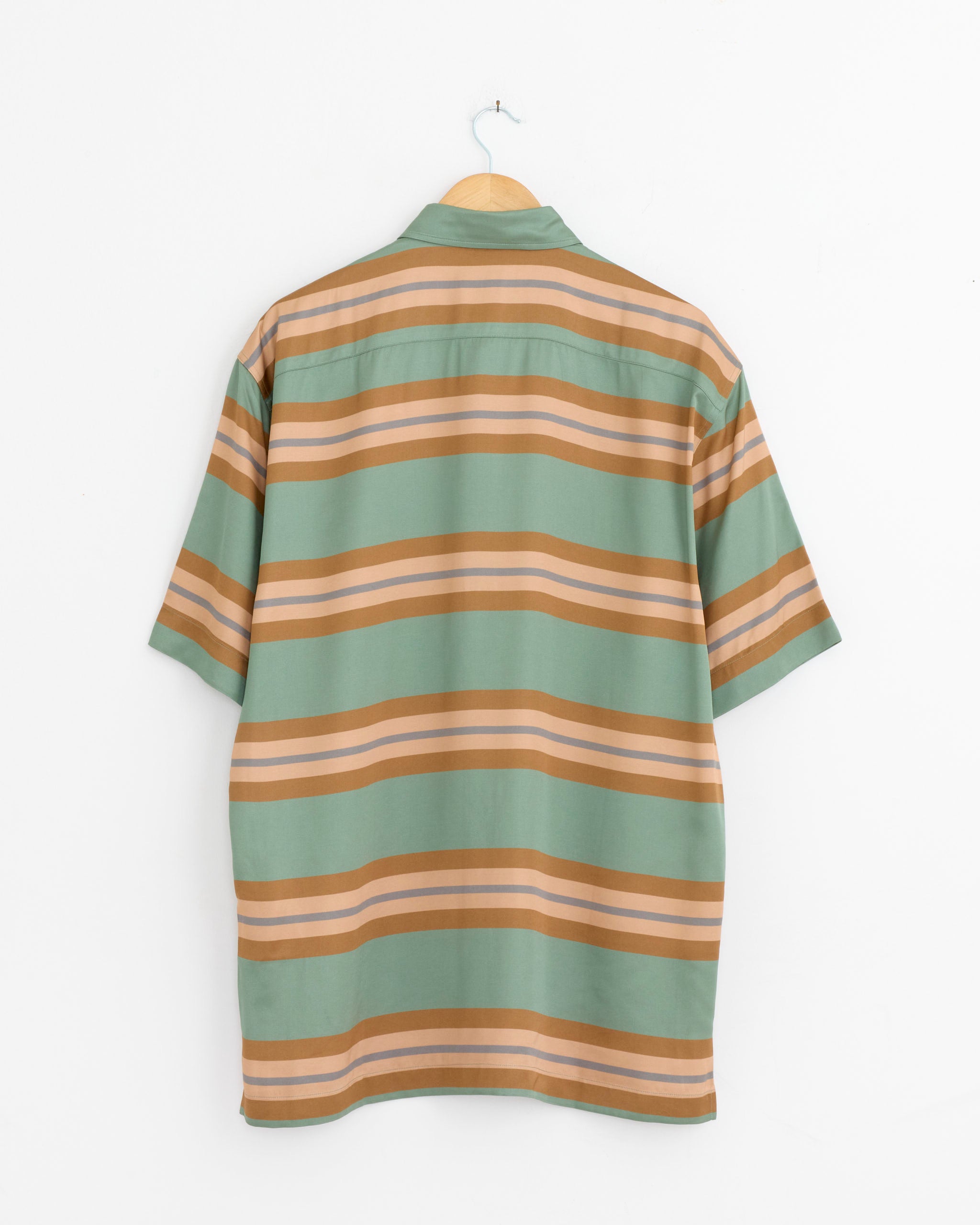 The Dries Van Noten Printed Shirt in Pistache features horizontal green, beige, and tan stripes. This short-sleeved regular fit shirt is shown from the back, hanging on a wooden hanger against a white background.