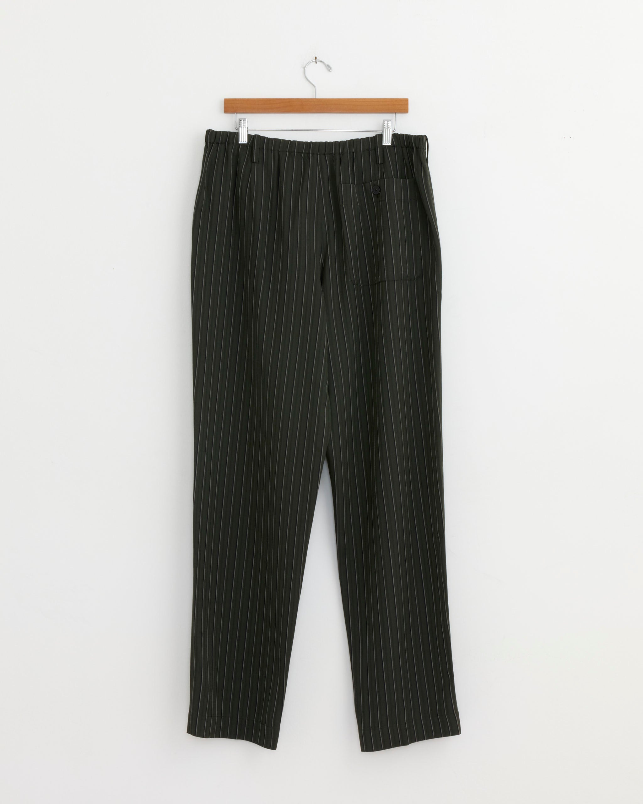 The Dries Van Noten Penny Long Pant in Dark Green features dark green stripes, an elastic waistband, and a back pocket—relaxed casual pants displayed on a wooden hanger against a plain white wall.