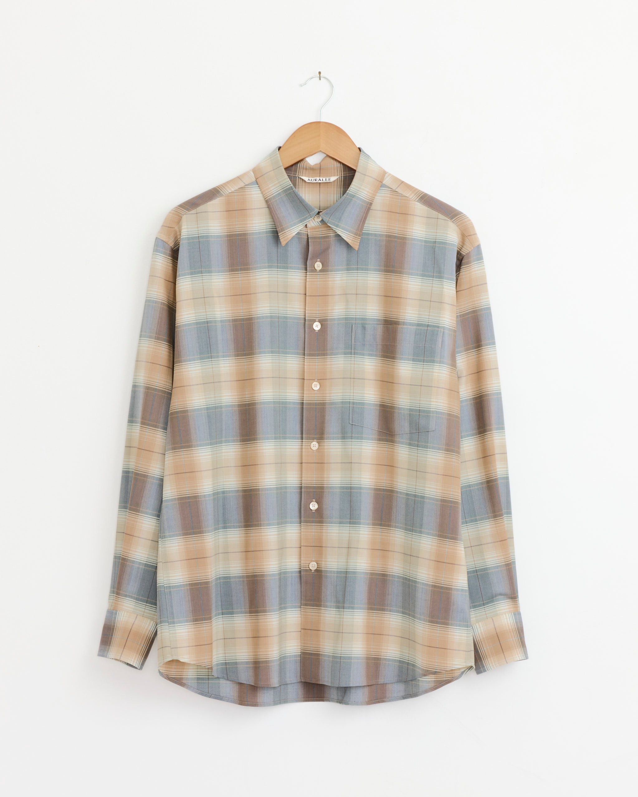 トップス AURALEE SUPER LIGHT WOOL CHECK SHIRT Airy Wool Check Shirt in Light Blue/Beige