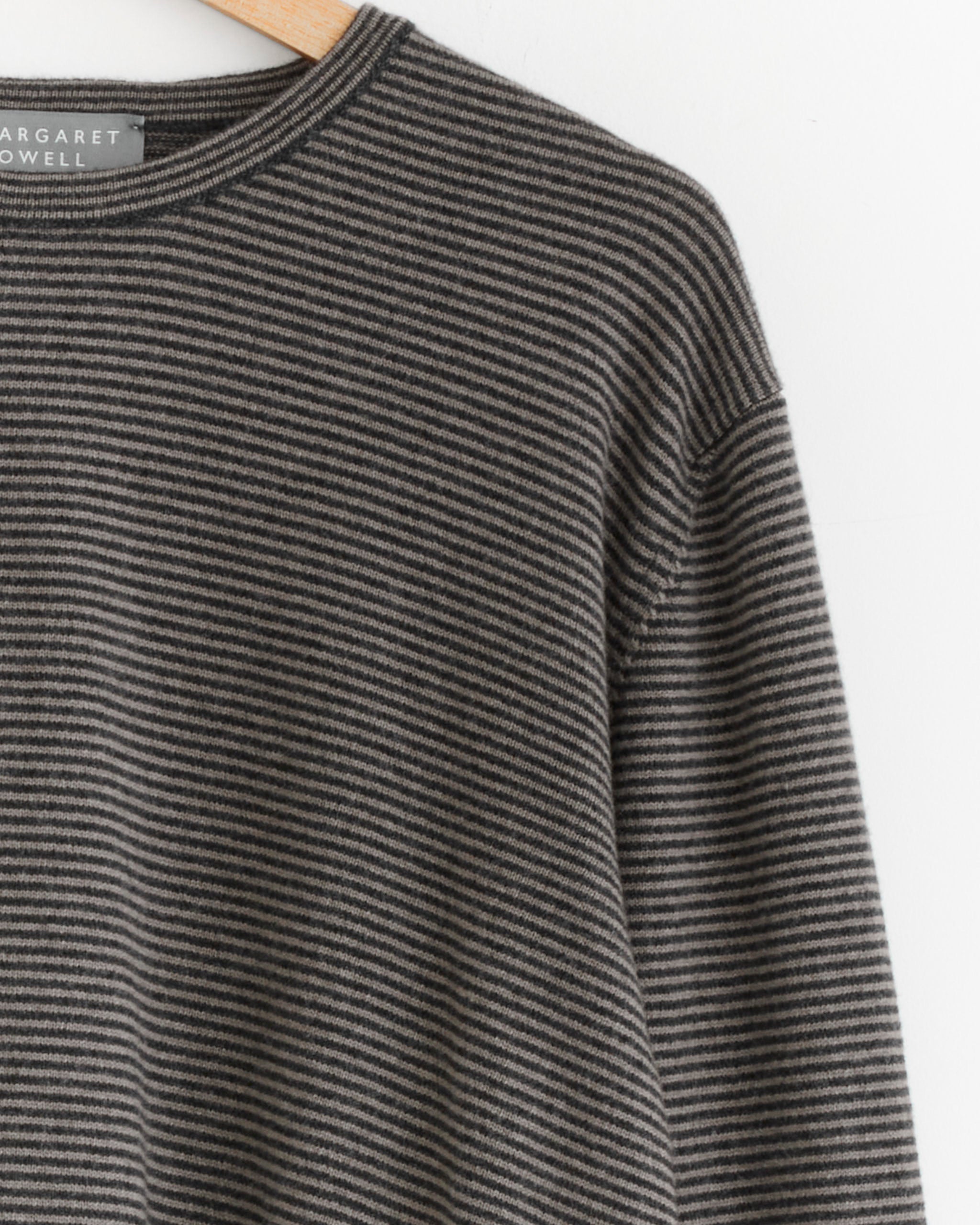 Margaret Howell Feeder Stripe Crew - Taupe/Charcoal / S (286377)
