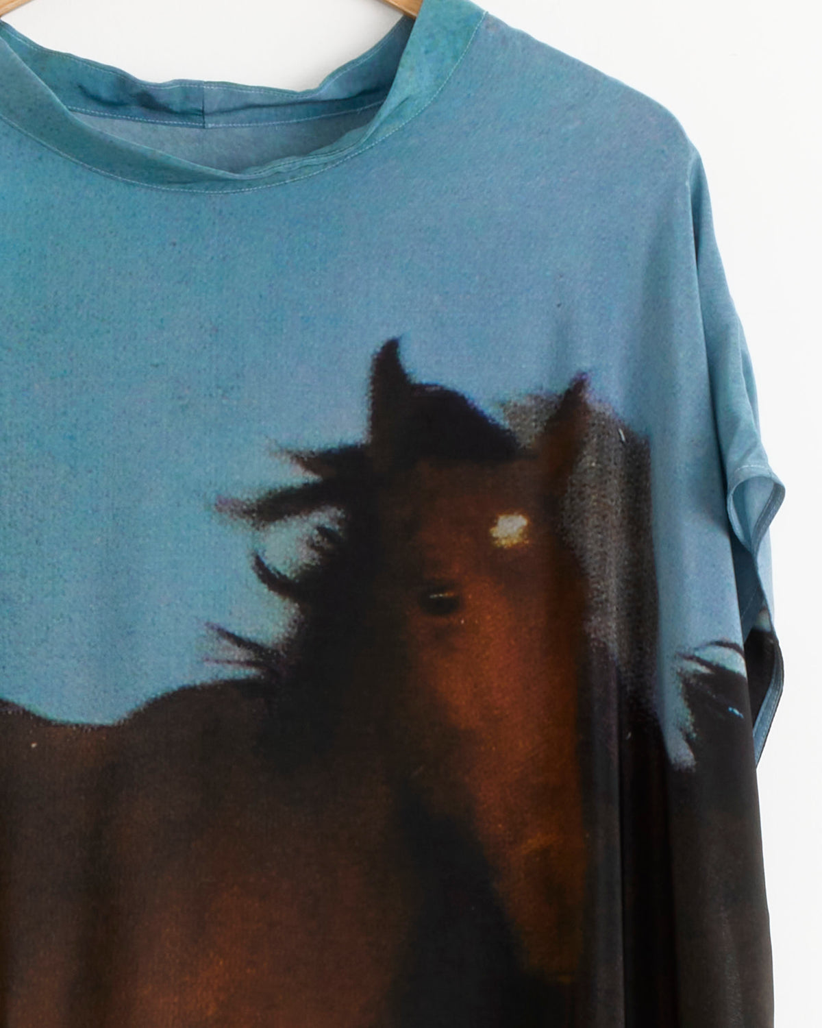 Blue sleeveless Overdress in Wild Horses by Anntian featuring a large, dark brown horse print on the front.