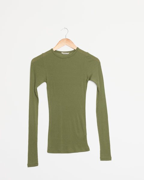 Wool Silk Soft Rib Tee in Moss Green