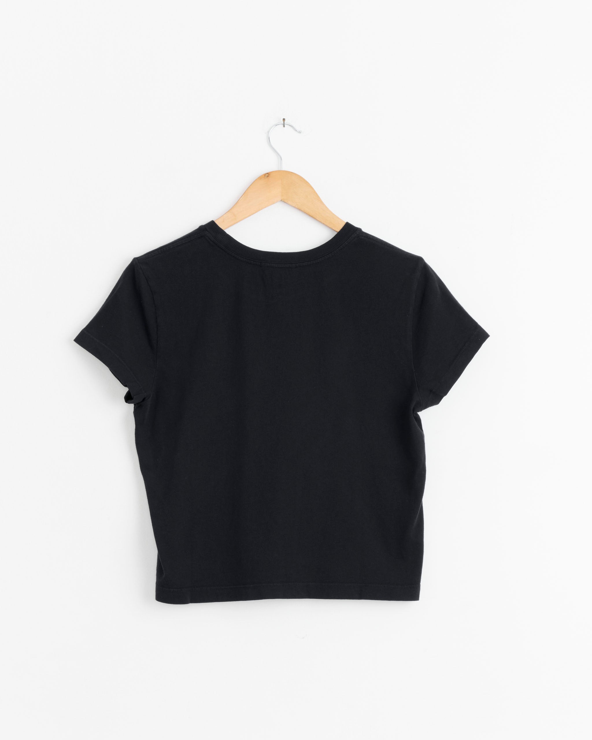 An AGOLDE Adine Shrunken Tee in Storm hangs on a wooden hanger against a white background, displayed from the back.