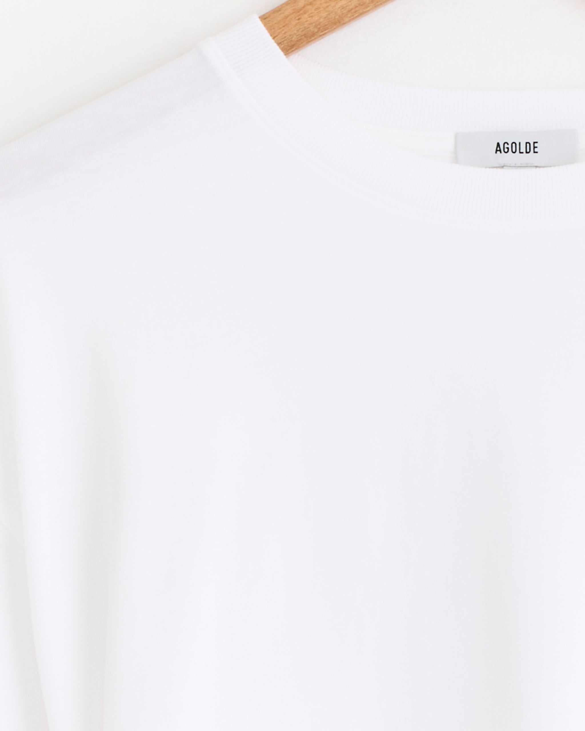 A close-up of the AGOLDE Theo T-Shirt in White on a wooden hanger, showcasing its brand tag. This relaxed fit tee is made from lightweight cotton for comfortable everyday wear.