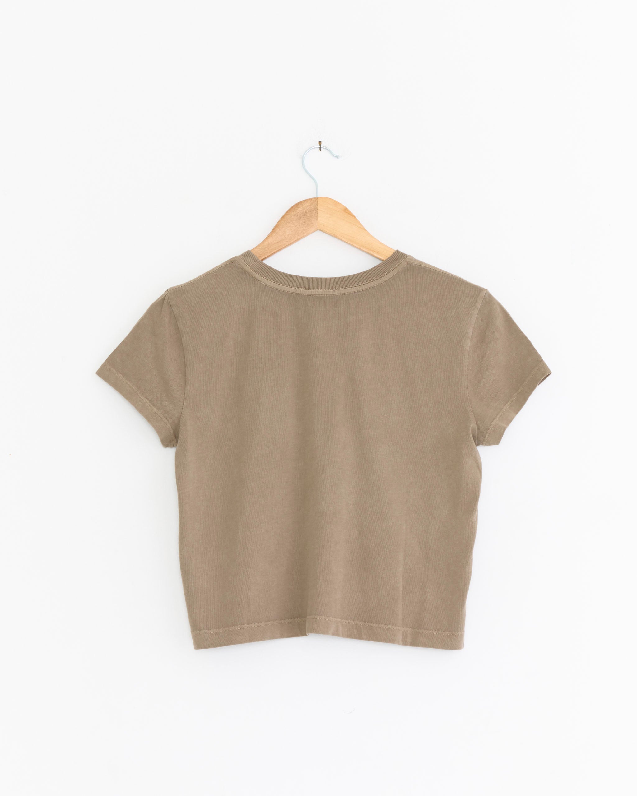 The Adine Shrunken Tee in Trail by AGOLDE, a plain light brown cropped short-sleeve t-shirt, hangs on a wooden hanger against a white background and is displayed from the back.