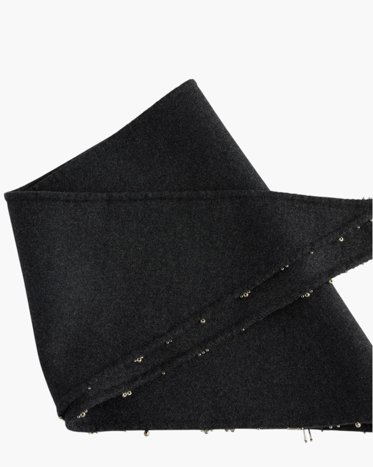 A folded grey cashmere beaded bandana by Salon C. Lundman is displayed on a white background, offering a chic accessory with subtle embellishments along the edges.