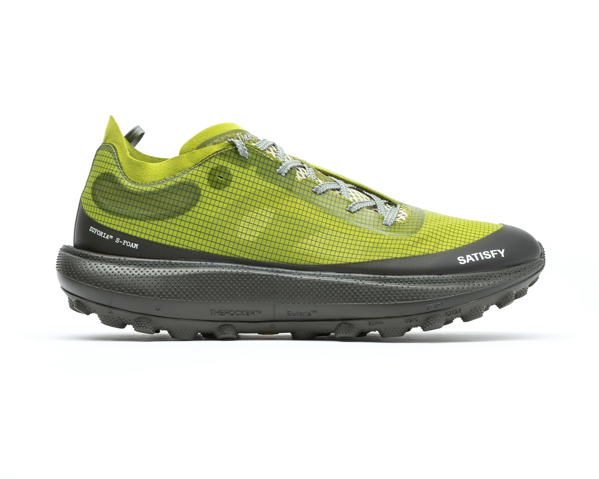 The Rocker in Grenoble Green by Satisfy Running is a lime green trail shoe with a mesh upper, gray Vibram Megagrip sole, reflective laces, Satisfy branding near the toe, technical text on the heel, and a cushioned rebound midsole.