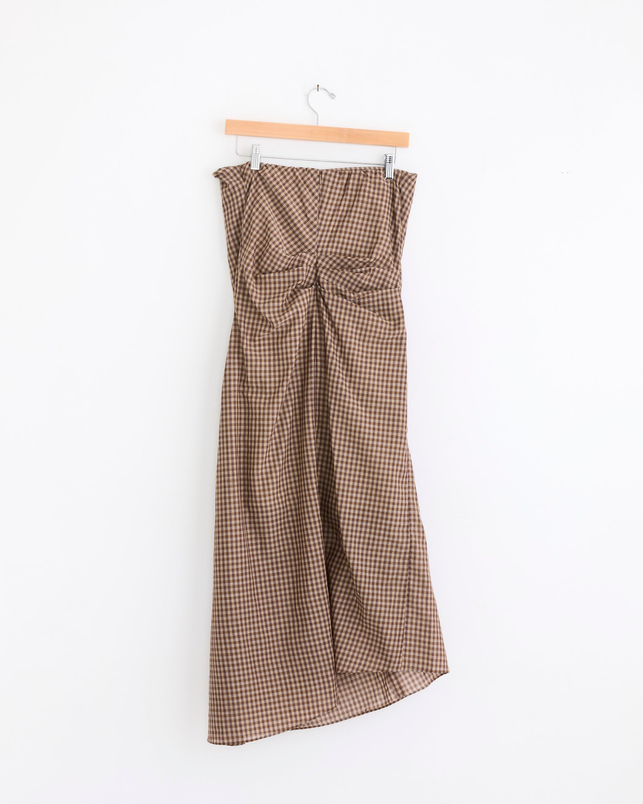 Light Cotton Strapless Dress in Brown Gingham Check