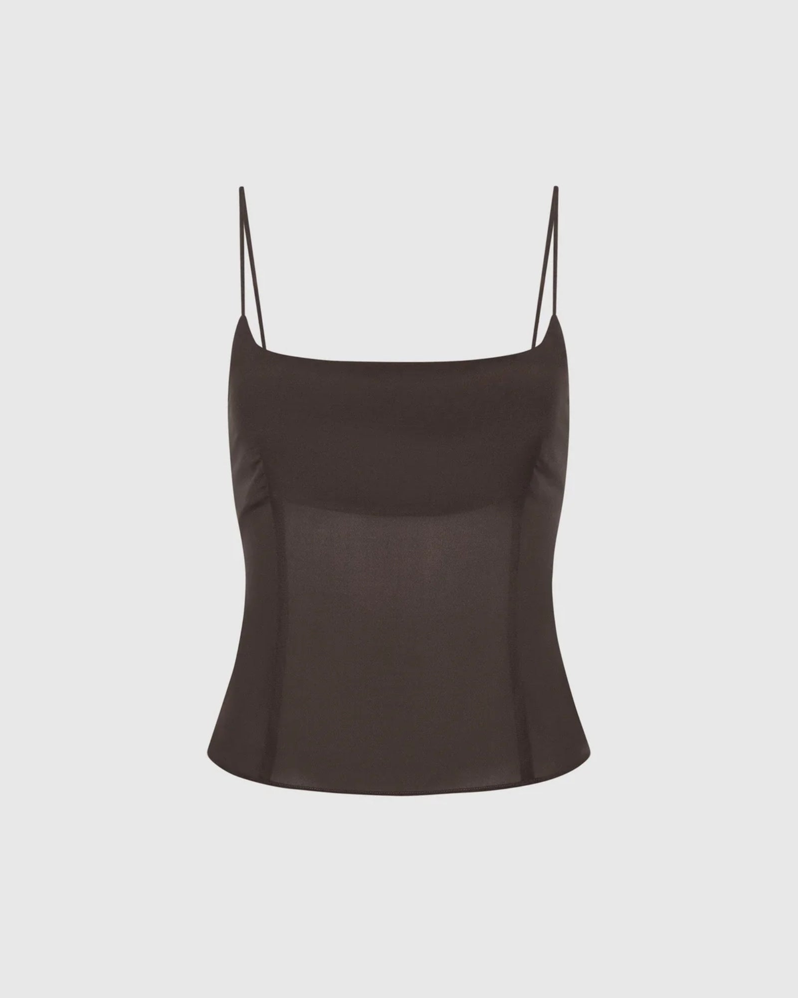 The ST. AGNI Stretch Silk Cami Top in Cedar is a black, sleeveless cami featuring a fitted silhouette, thin spaghetti straps, and crafted from stretch silk, shown against a plain white background.