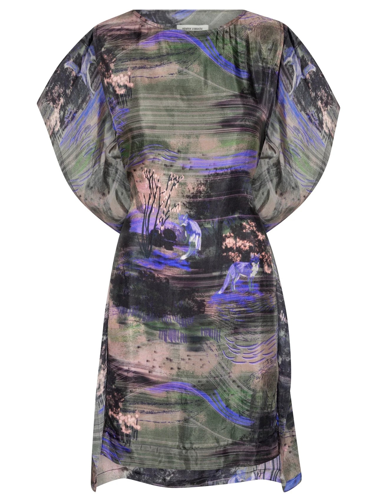 The Square Dress in Foxes by Henrik Vibskov is a loose-fit, short-sleeved dress featuring abstract nature-inspired patterns with flowing lines in purple, green, black, and pink.