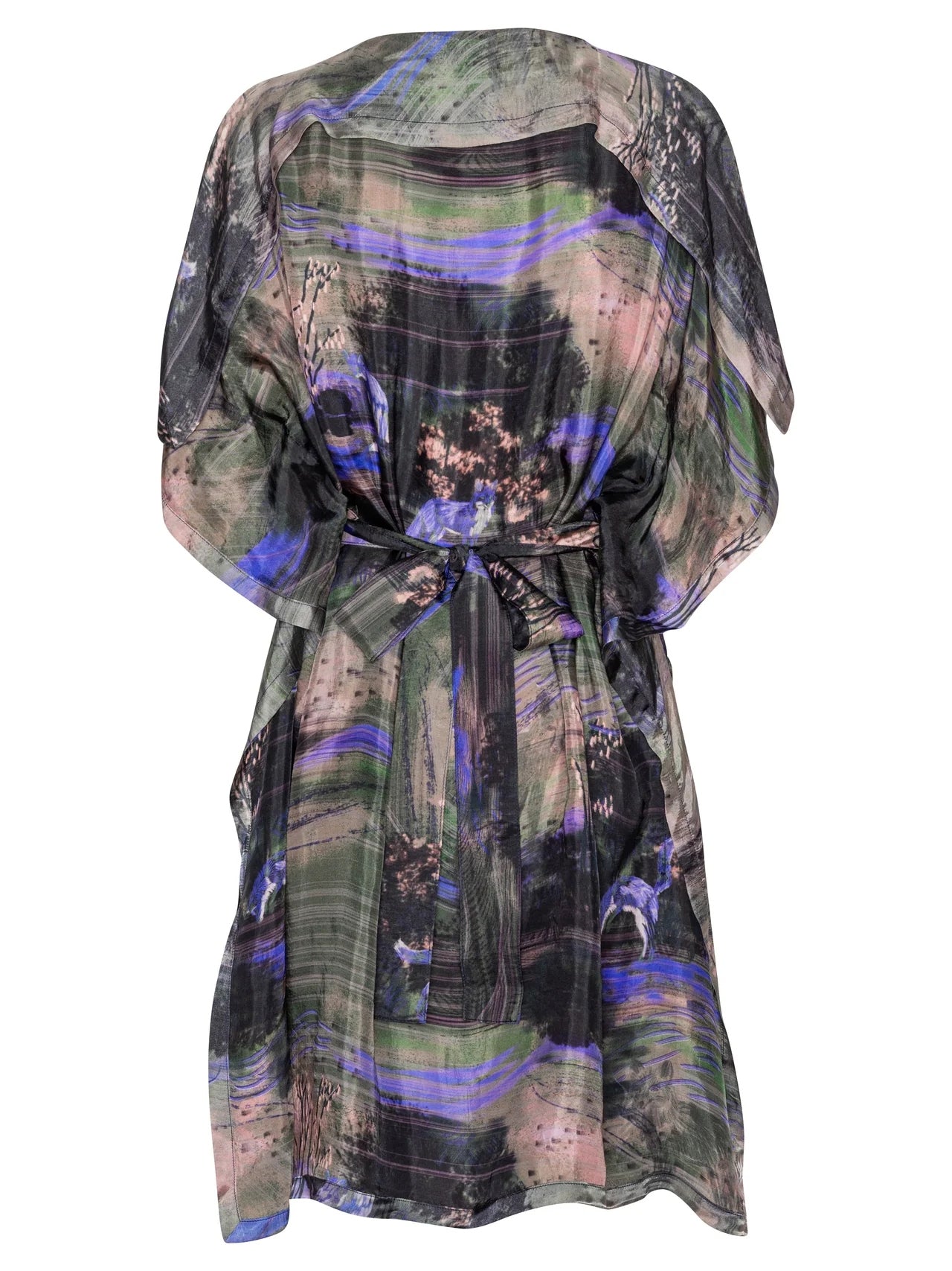 The Henrik Vibskov Square Dress in Foxes is a loose, knee-length dress with wide sleeves and a belted waist, shown from the back. It features an abstract fox pattern in purple, green, blue, and black tones.