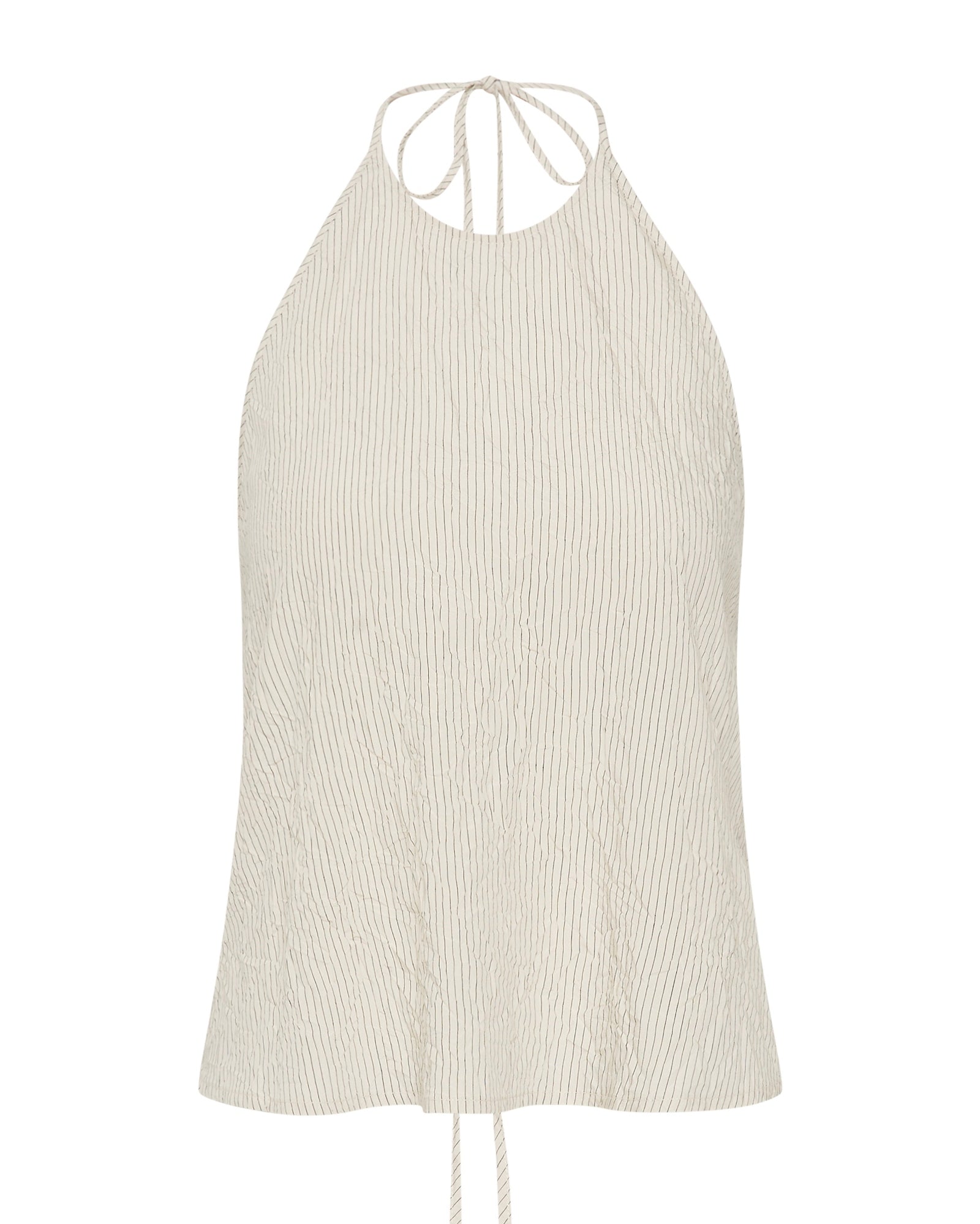 A sleeveless Crushed Halter Top in Petite Pinstripe by ST. AGNI features thin neck and back ties, textured crinkled fabric, and a loose, flowy fit for a minimalist look with understated pinstripe detail.