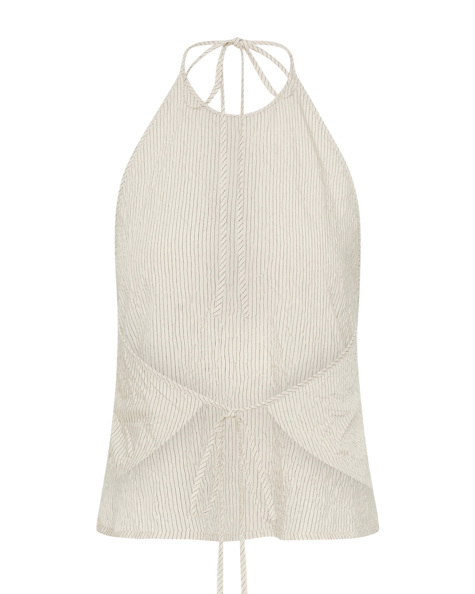 The Crushed Halter Top in Petite Pinstripe by ST. AGNI features a light beige, minimalist design with vertical pinstripes, neck ties, and a curved seam at the waist that ties at the back. Its lightweight textured fabric delivers effortless style.