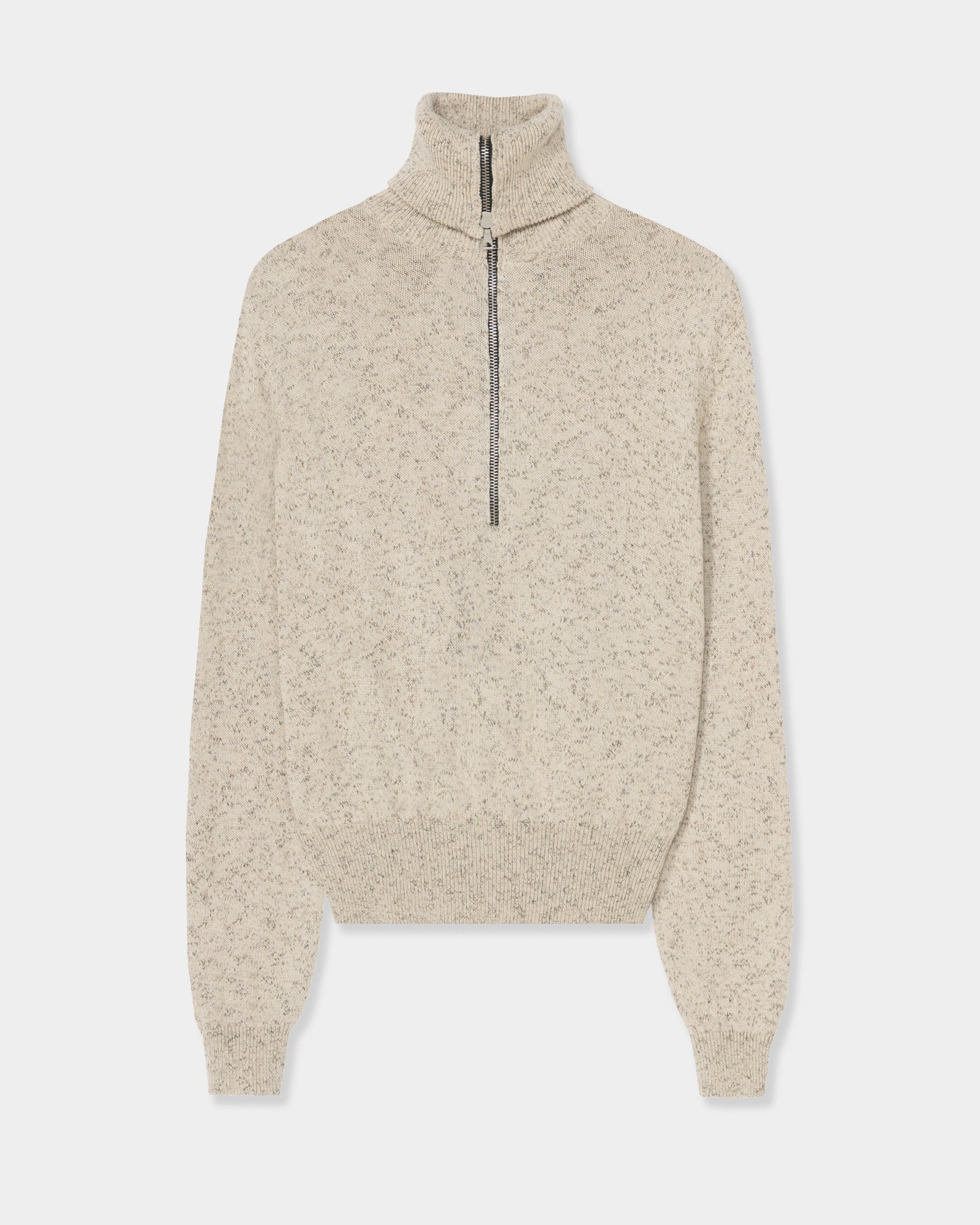 The Flecked Cotton Zip Up Sweater in Natural by CORDERA is a beige speckled knit sweater featuring a high collar, half-zip front, long sleeves, ribbed cuffs, and a ribbed waistband. Shown against a plain white background.