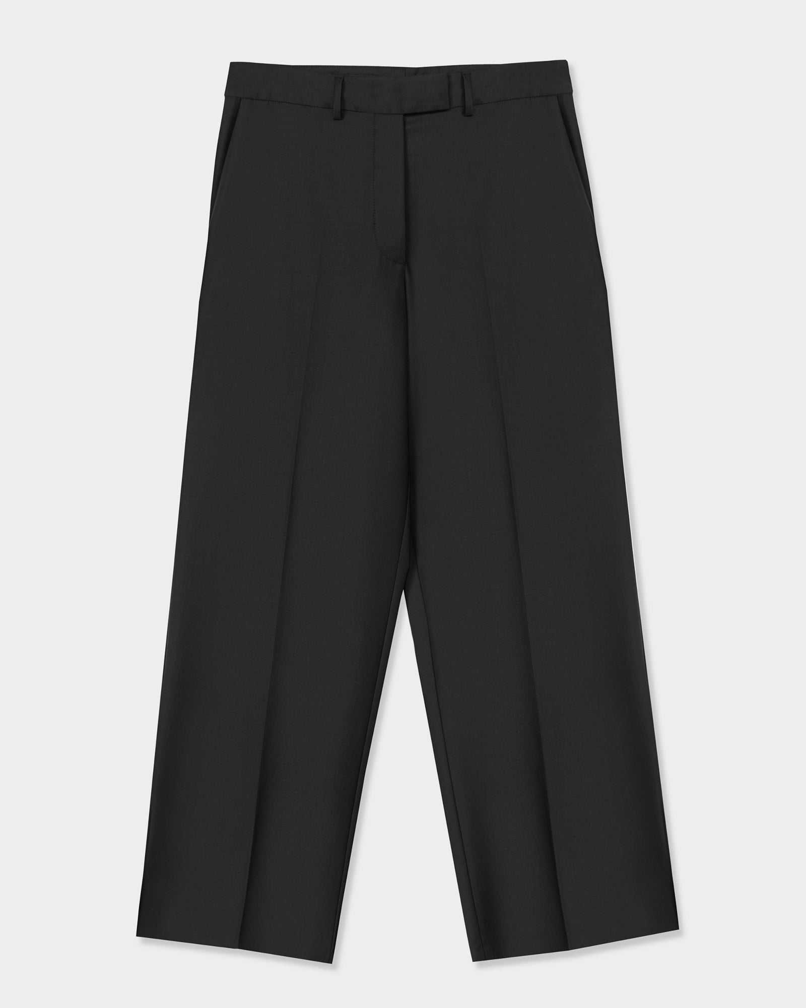 Low-rise virgin wool pants in dark brown by CORDERA, featuring belt loops, front pleats, side pockets, and an adjustable waistband for comfort and a refined fit, laid flat on a white background.