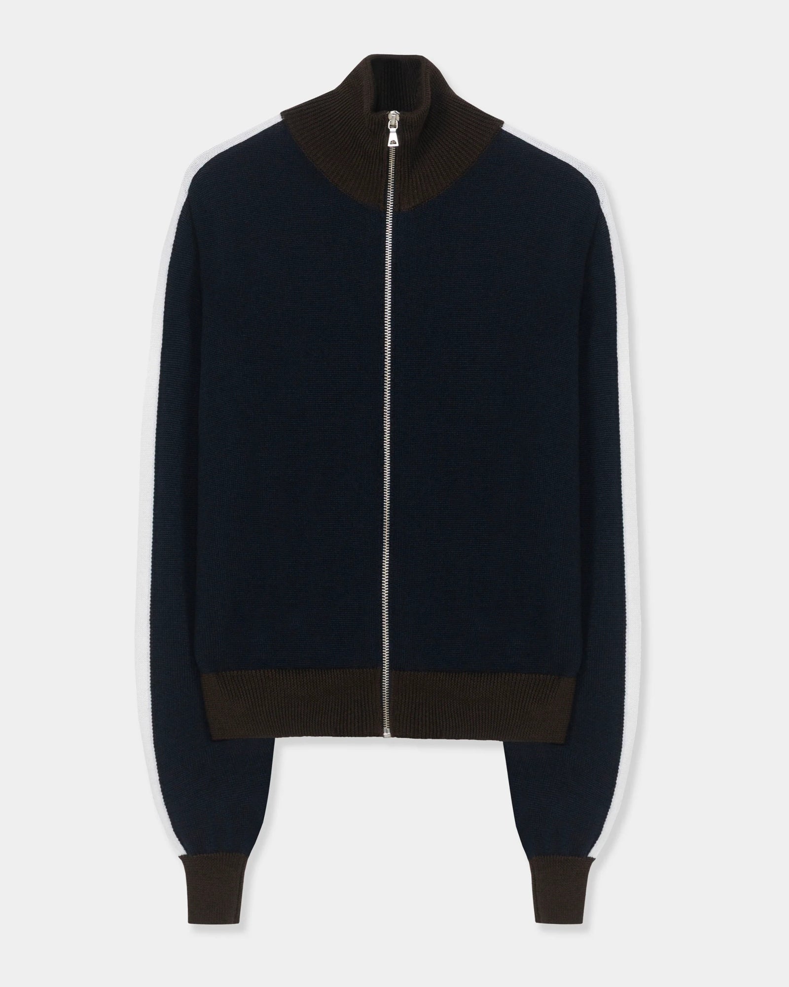 The Merino Wool Sporty Cardigan in Multi by CORDERA is a navy blue zip-up jacket expertly crafted from luxury merino yarn. It features a high ribbed collar, long sleeves, and ribbed cuffs and hem in a contrasting dark brown shade. Finished with a silver zipper, this stylish piece blends the comfort of a sporty cardigan with refined details.