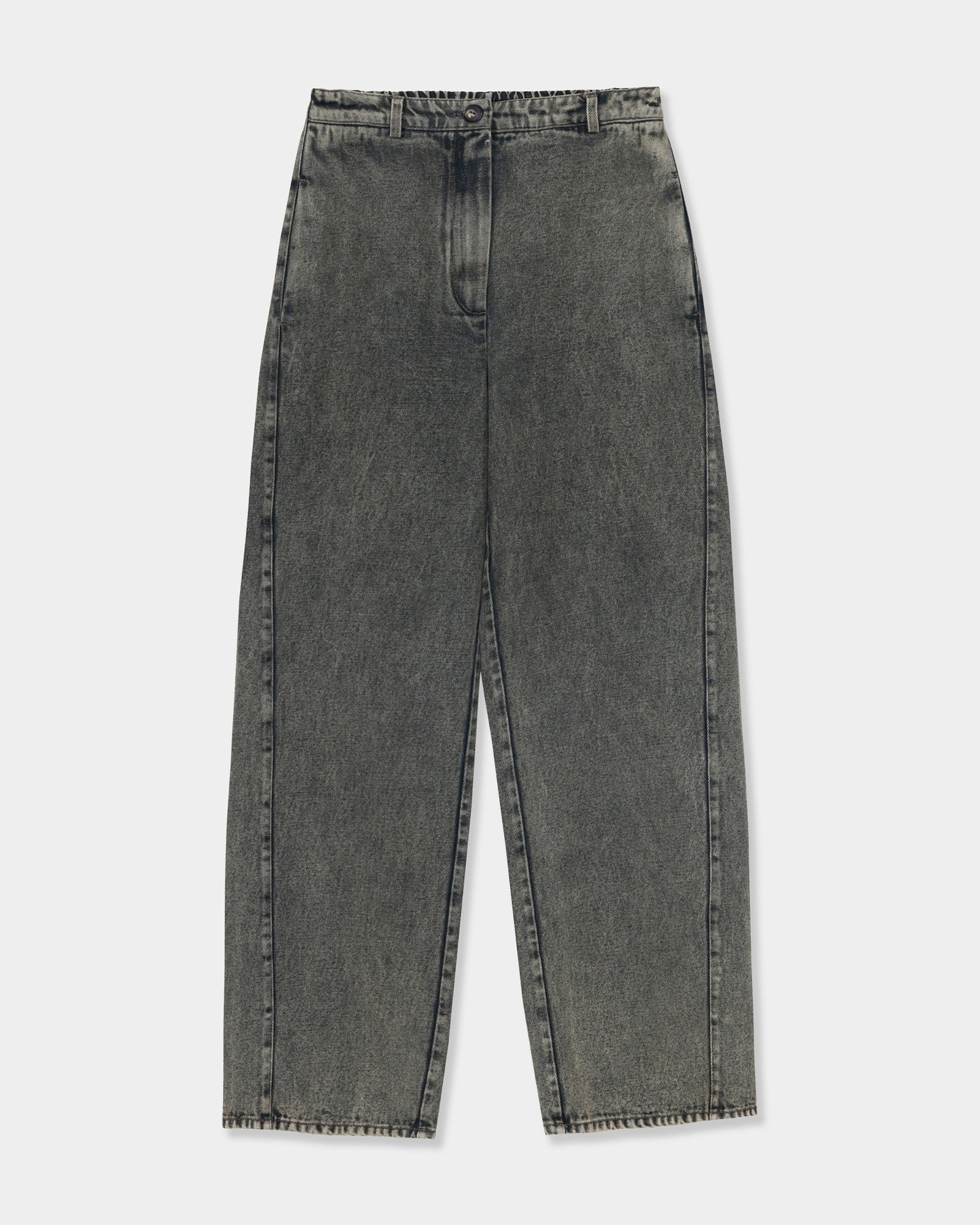 A pair of Cordera Washed Denim Straight Pant in Grey, featuring a high-waisted, straight-leg silhouette with a faded wash, displayed flat on a white background.