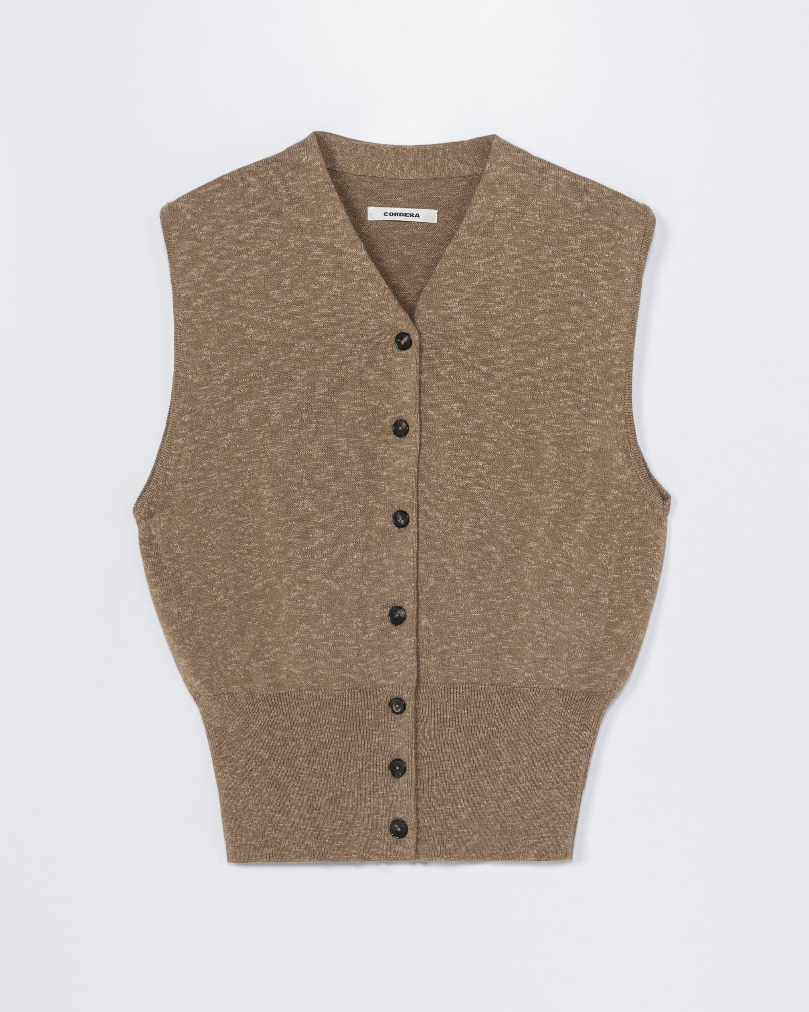 The Flecked Cotton Waistcoat in Copal by CORDERA is a sleeveless, brown knit vest with a V-neck and black buttons—ideal for layering. Need sizing help? Connect with us via online chat.