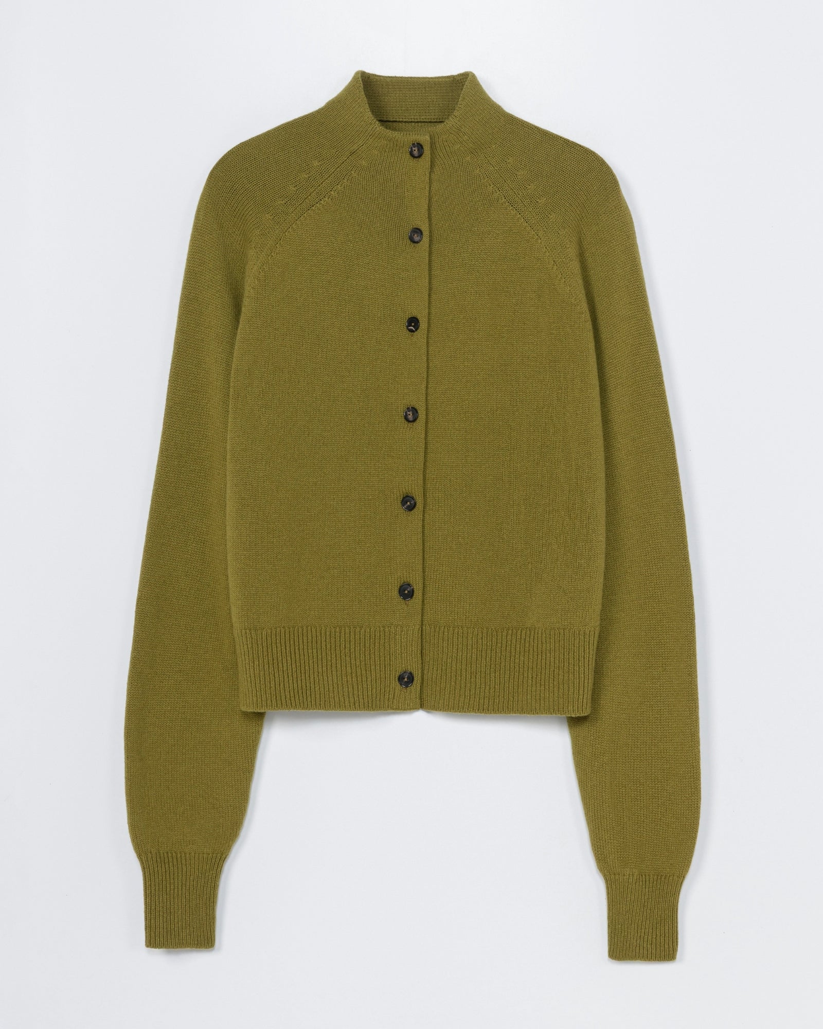 The Merino Wool Perkins Cardigan in Woodbrine by CORDERA is a moss green, long-sleeve button-up with ribbed cuffs, hem, and neckline, shown flat on a white background. Need sizing help? Chat with us online!.