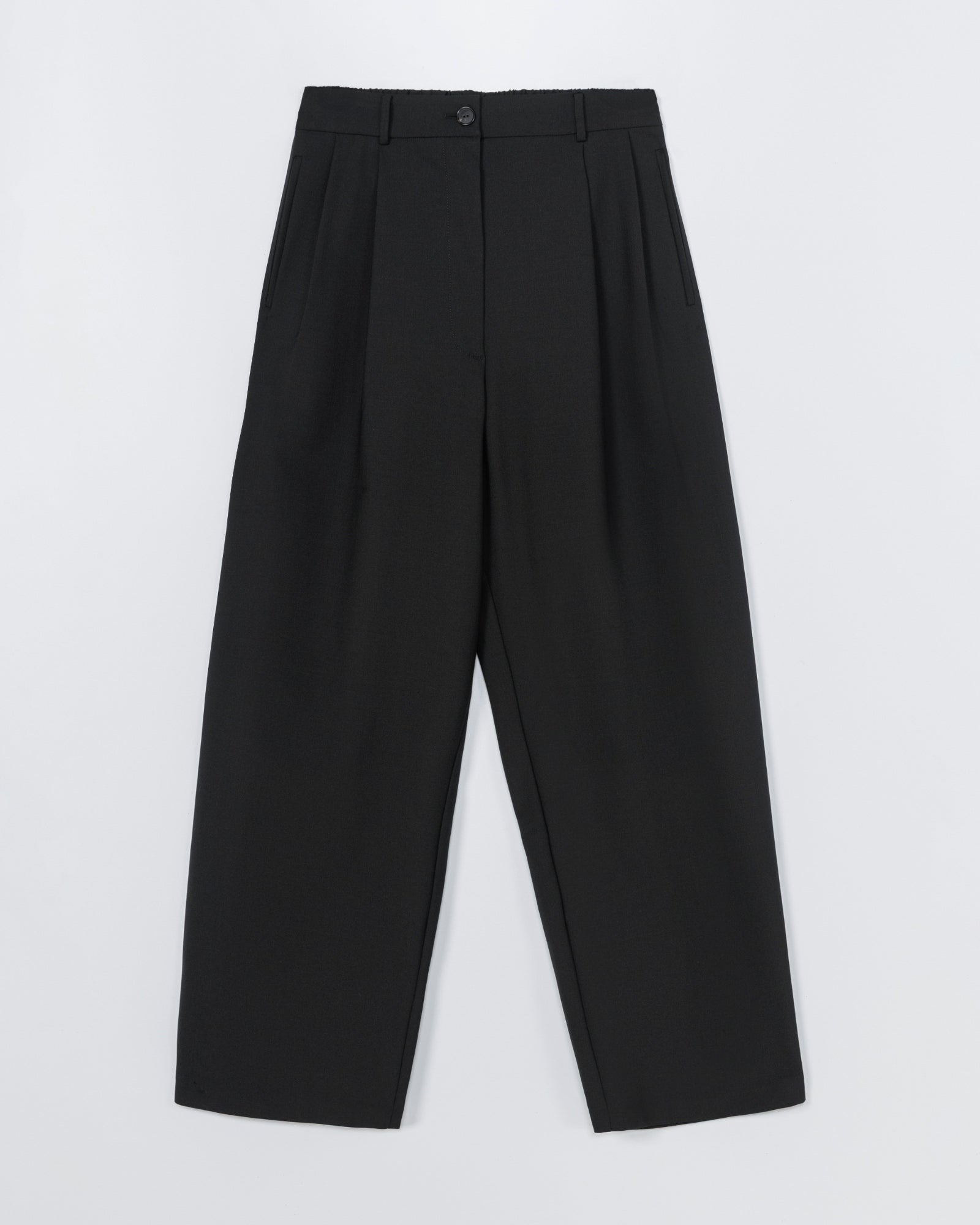The Tailored Masculine Pant in Black by CORDERA features a high waist, wide-leg fit, front pleats, and side pockets. Shown laid flat on a white background. Contact us via online chat for sizing help.