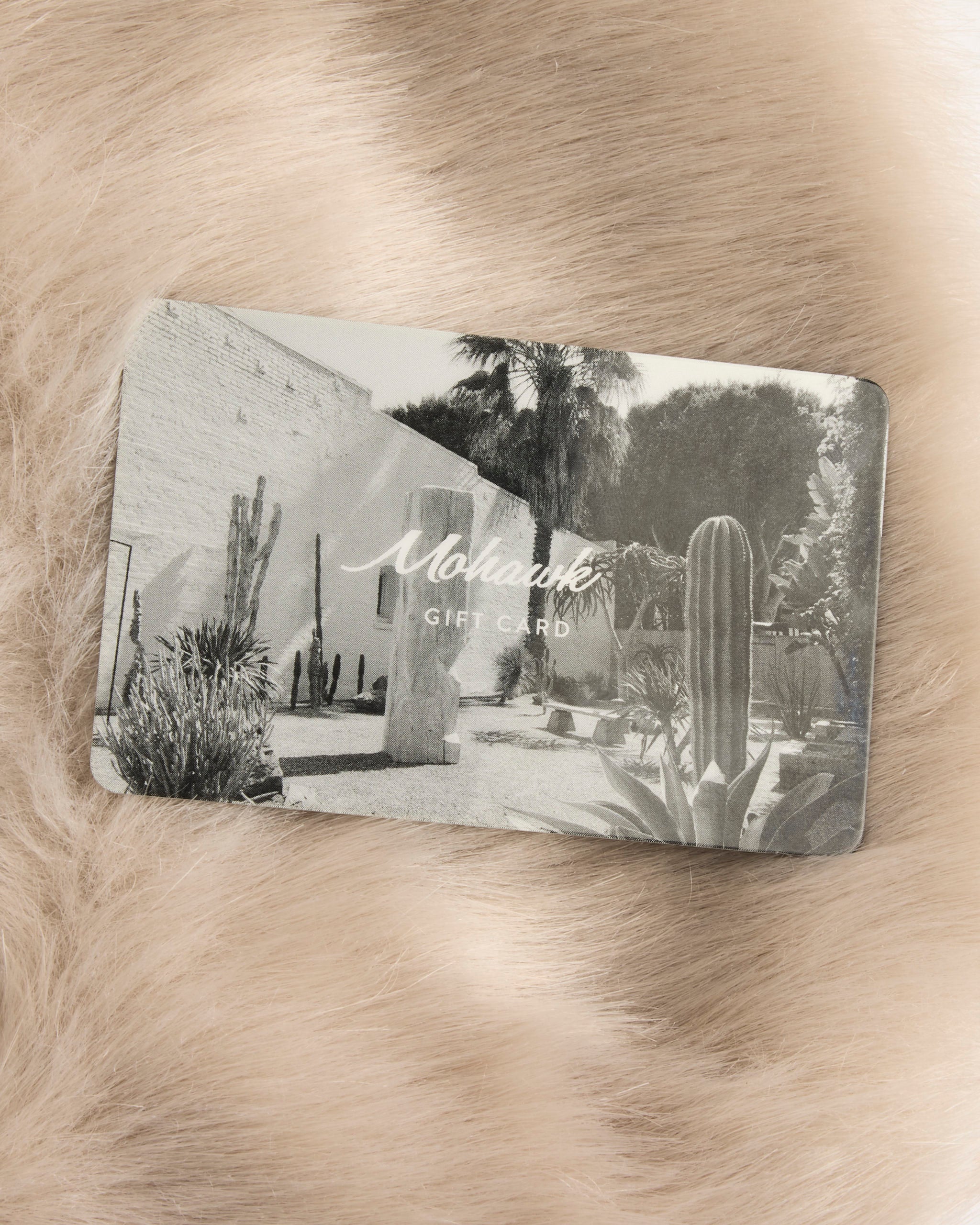 The Mohawk General Store E-Gift Card is the perfect gift for any occasion, featuring a black-and-white desert scene with cacti and palm trees on a soft, light beige, furry surface.