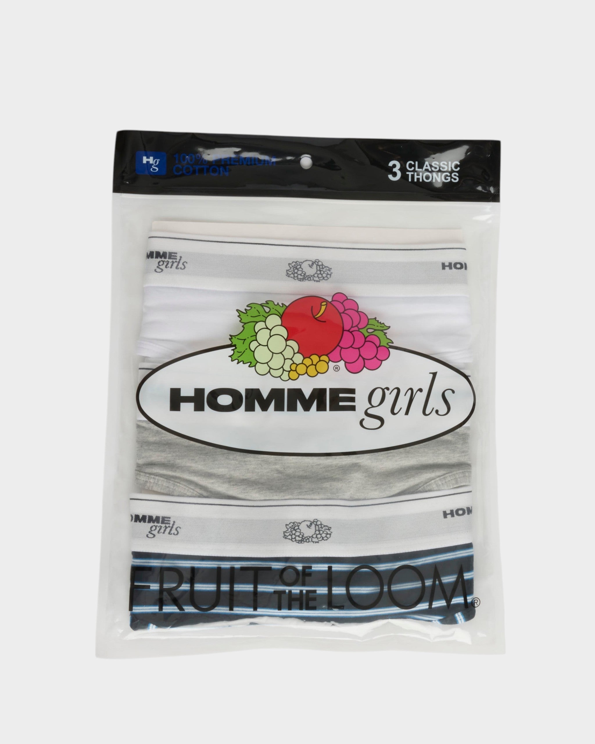 Mohawk General Store 3-pack of HommeGirls cotton thong underwear in white, grey, and blue striped patterns.
