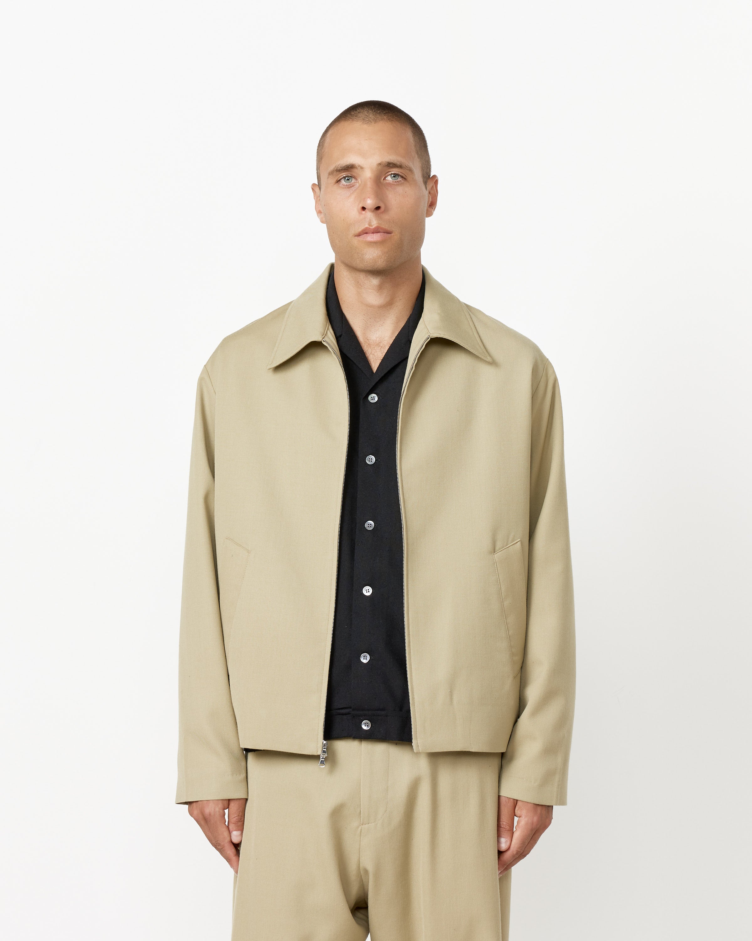 Zip Jacket in Italian Wool Gabardine Sesame