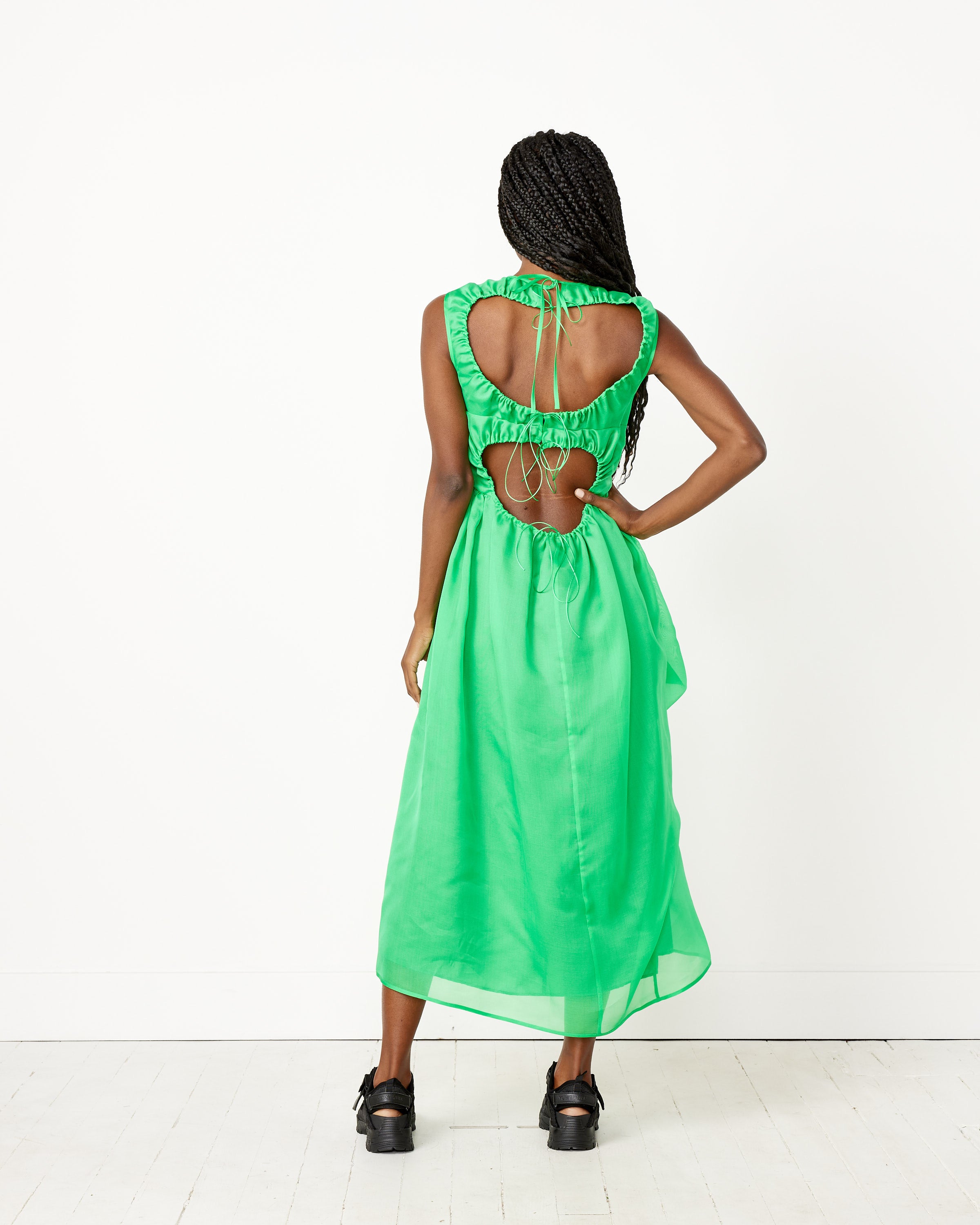 Open Back Asymmetrical Maxi Dress in Emerald Green
