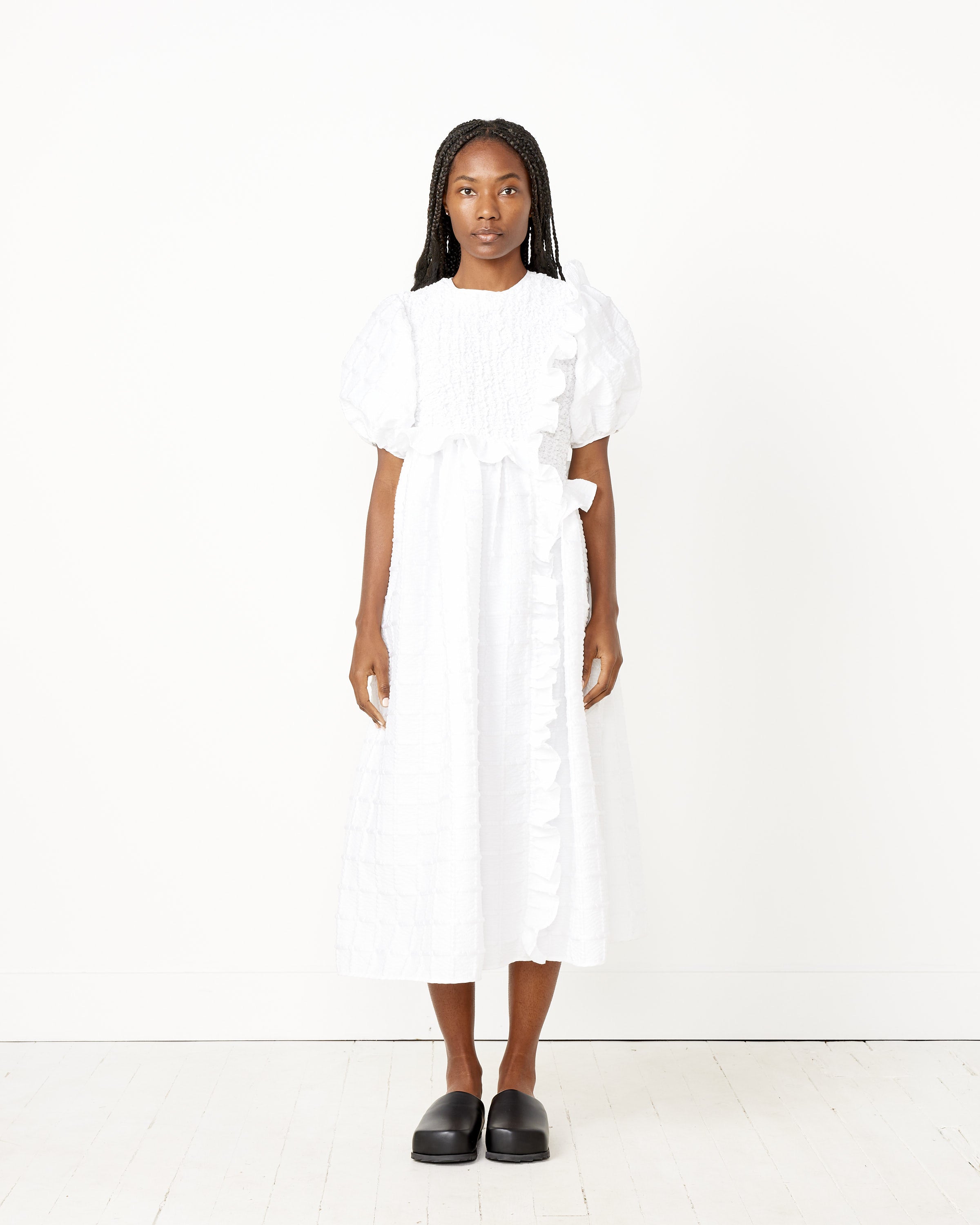 Smocked Panels & Ruffles Maxi Gown in White – Mohawk General Store