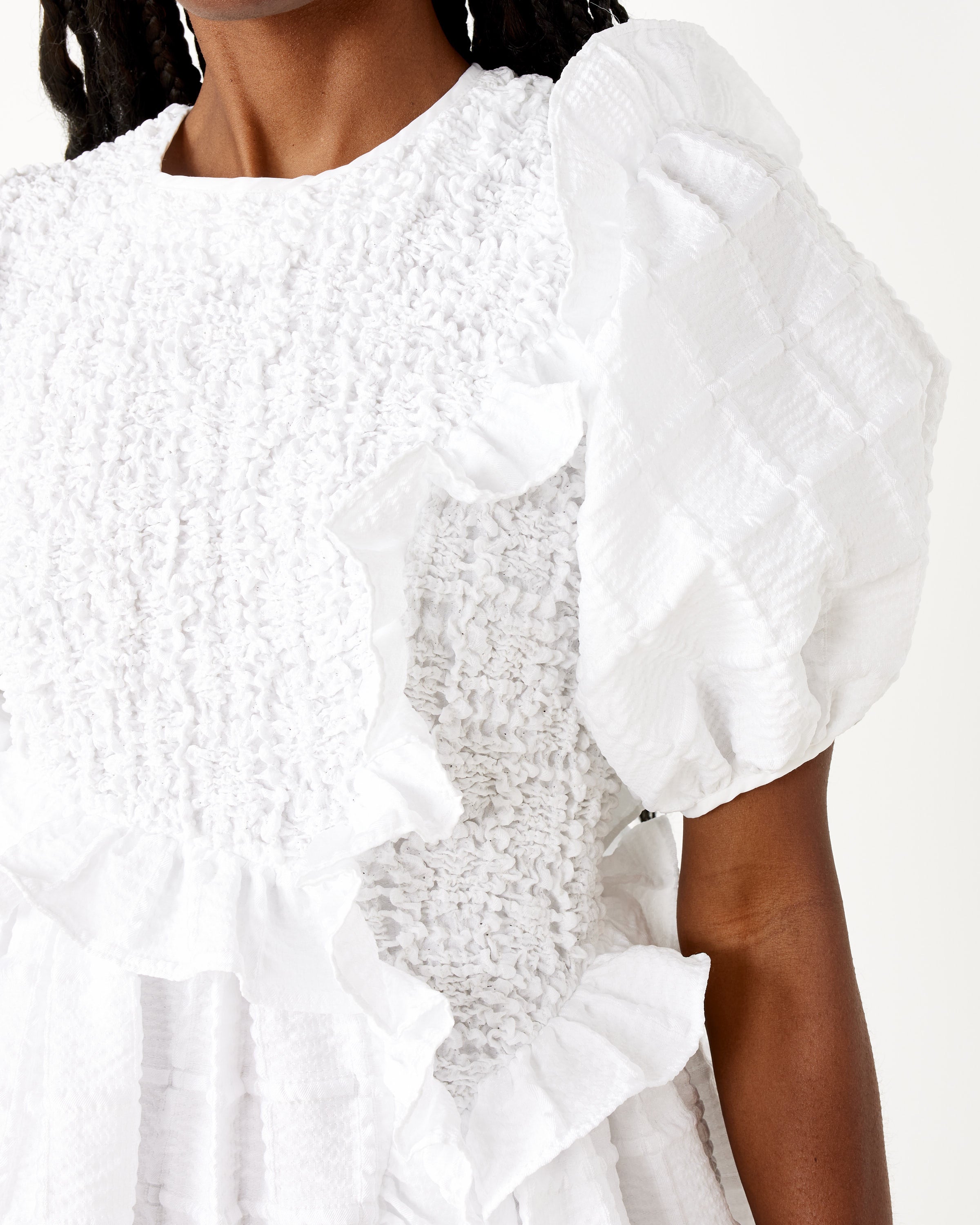 Smocked Panels & Ruffles Maxi Gown in White