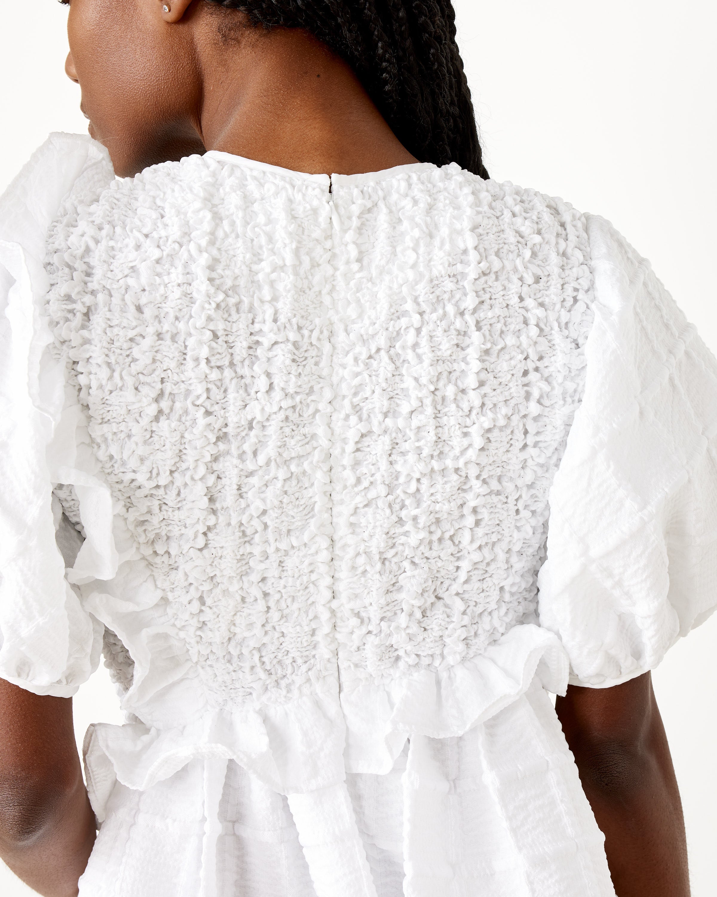 Smocked Panels & Ruffles Maxi Gown in White