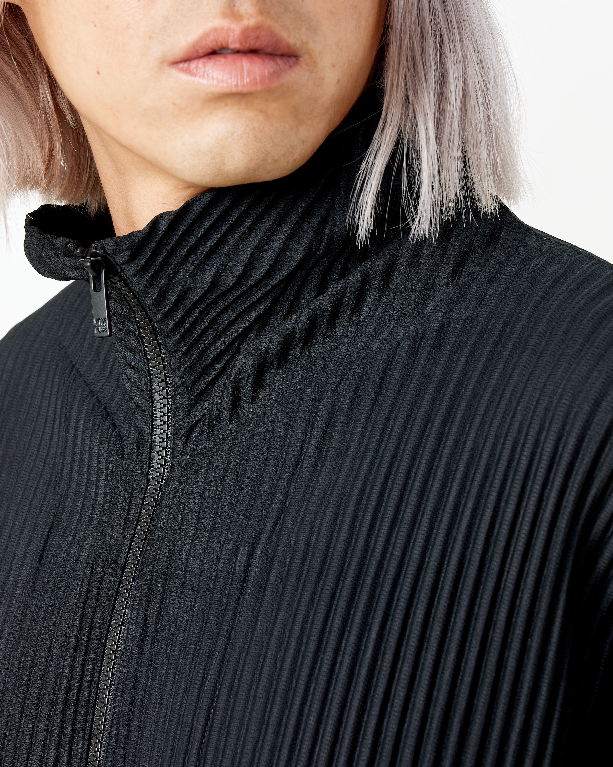 Pleats Please Issey Miyake Pleated Zip Front Jacket in Black