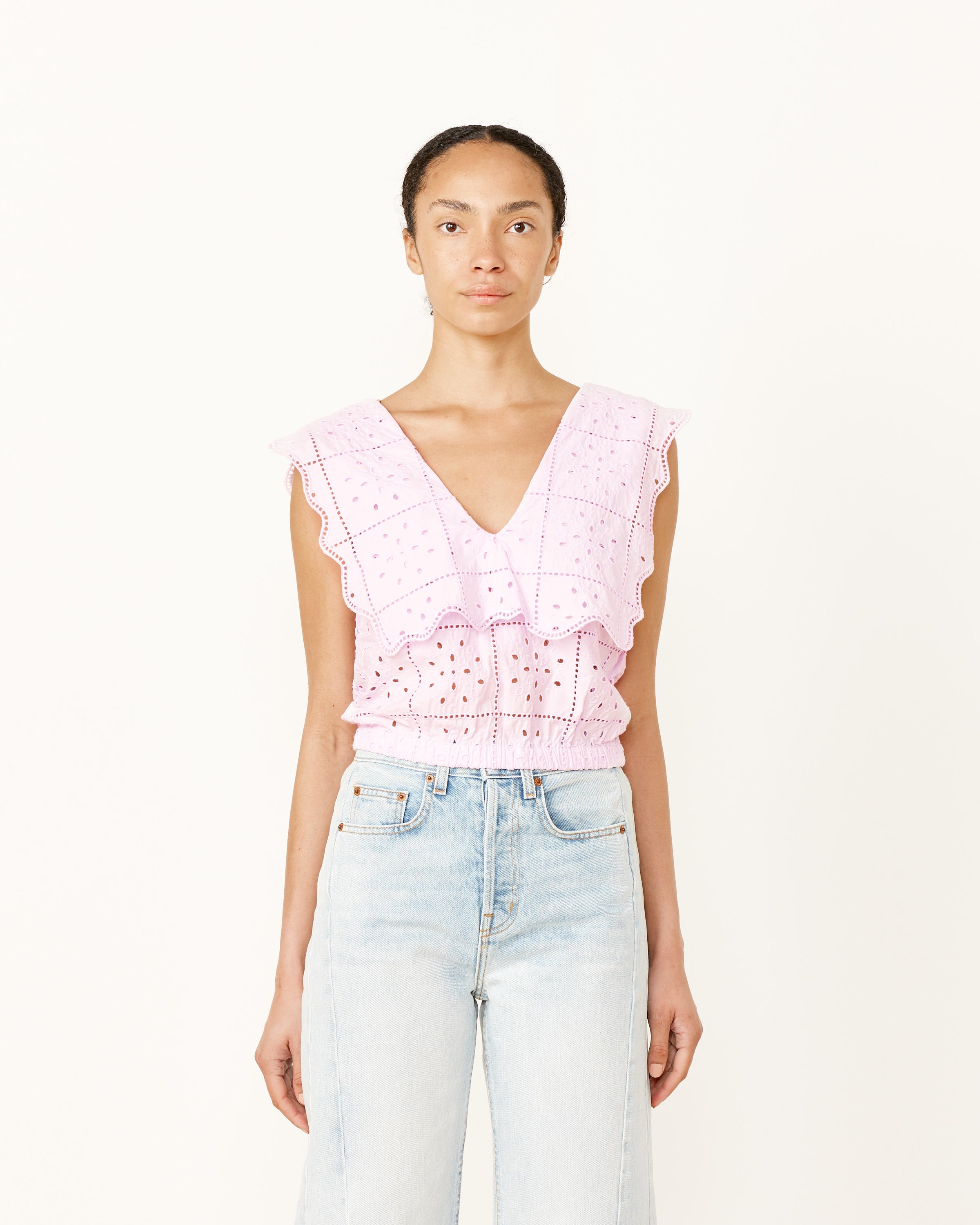 Broderie Anglaise Rhythm Collar Top in Pink Tulle