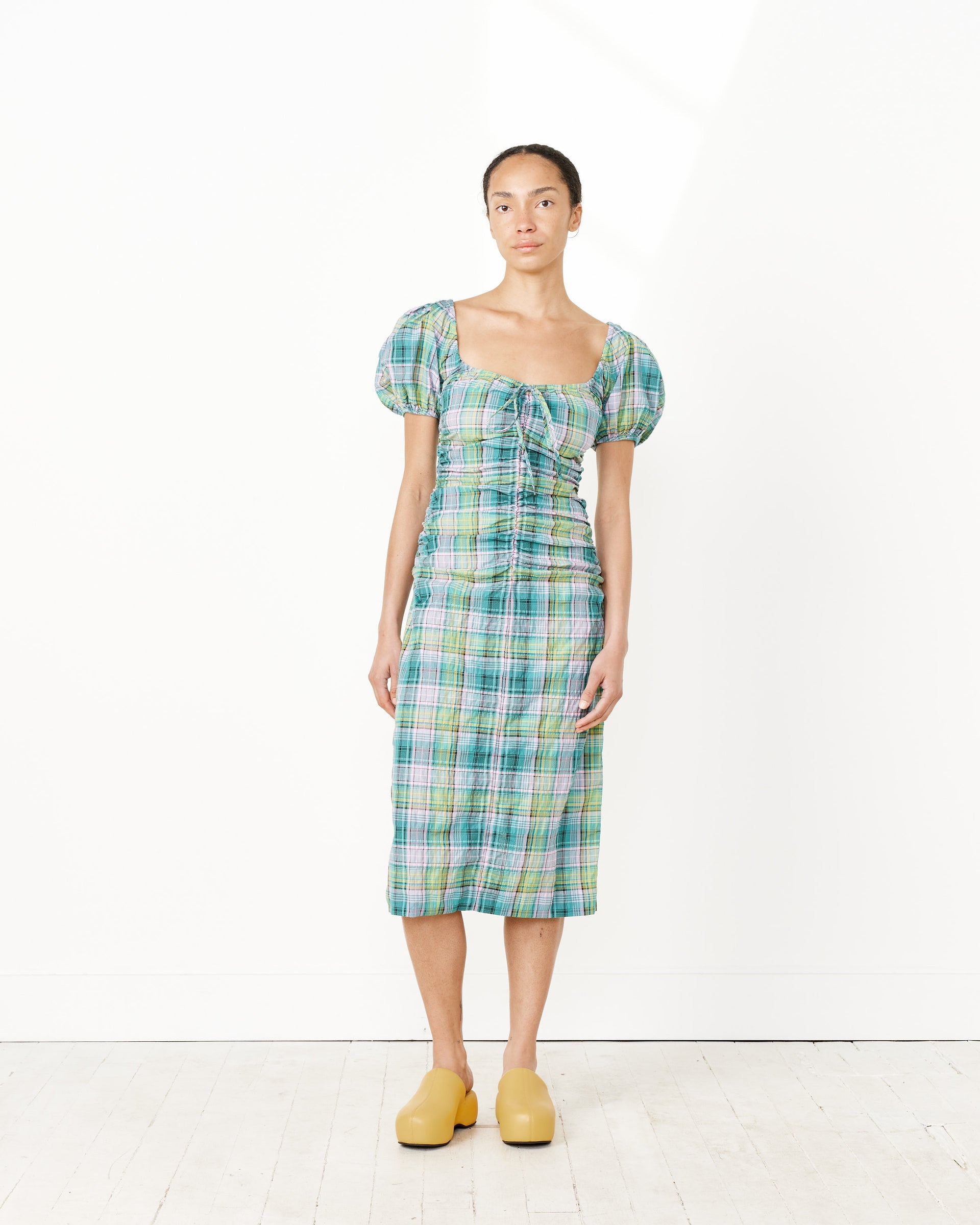 Seersucker Check Gathered U-Neck Midi Dress in Lagoon Seersucker Check Gathered U-Neck Midi Dress in Lagoon